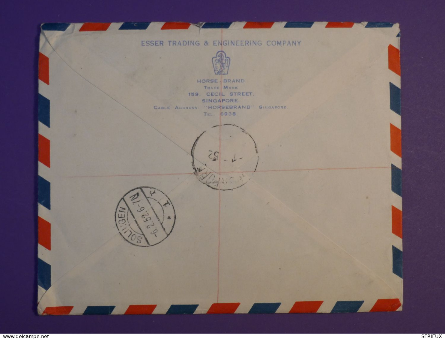 DG1 MALAYSIE SINGAPORE BELLE LETTRE RECO.  1952   A SOLINGEN   GERMANY +BANDE VERT. DE 4 TP+AFF. INTERESSANT++ +++ - Malaya (British Military Administration)