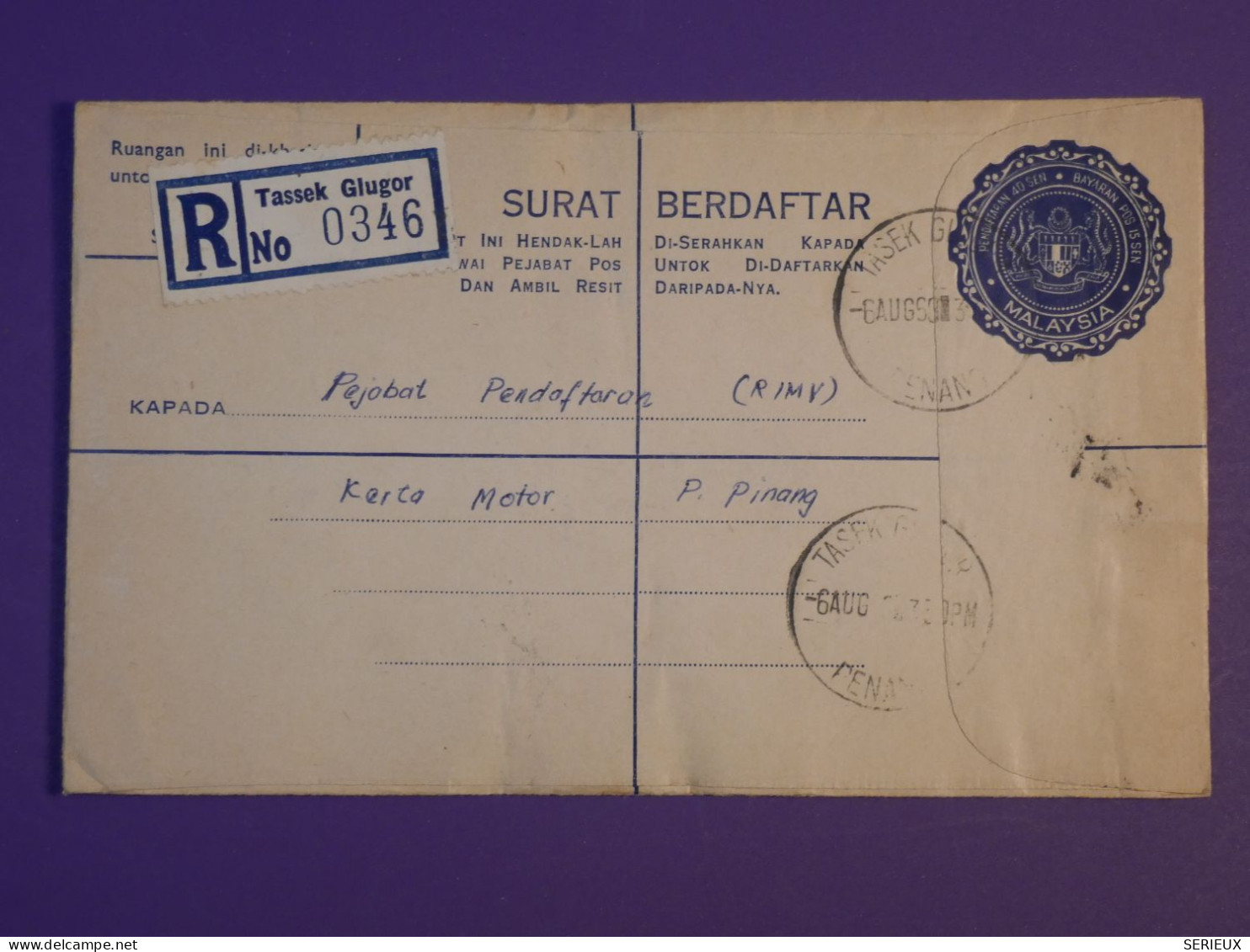 DG1 MALAYSIA  BELLE LETTRE ENTIER  RECO   1968  TASSEK GLUGOR    +AFF. INTERESSANT++ +++ - Malaysia (1964-...)