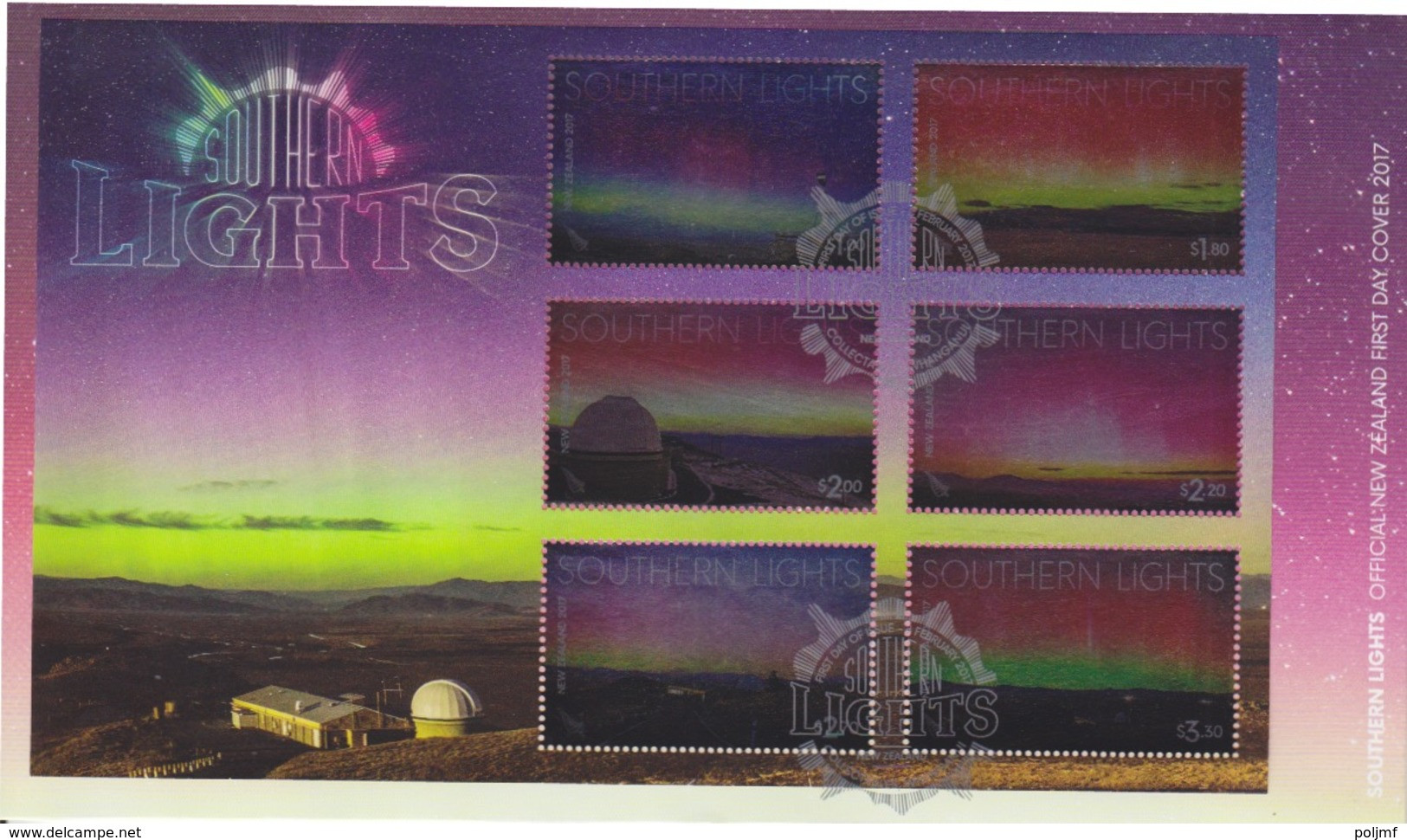 Polaire Néozélandais, FDC TP BF Southern Lights (aurores Boréales) Obl. Cachet Argenté 8 Février 2017 - FDC