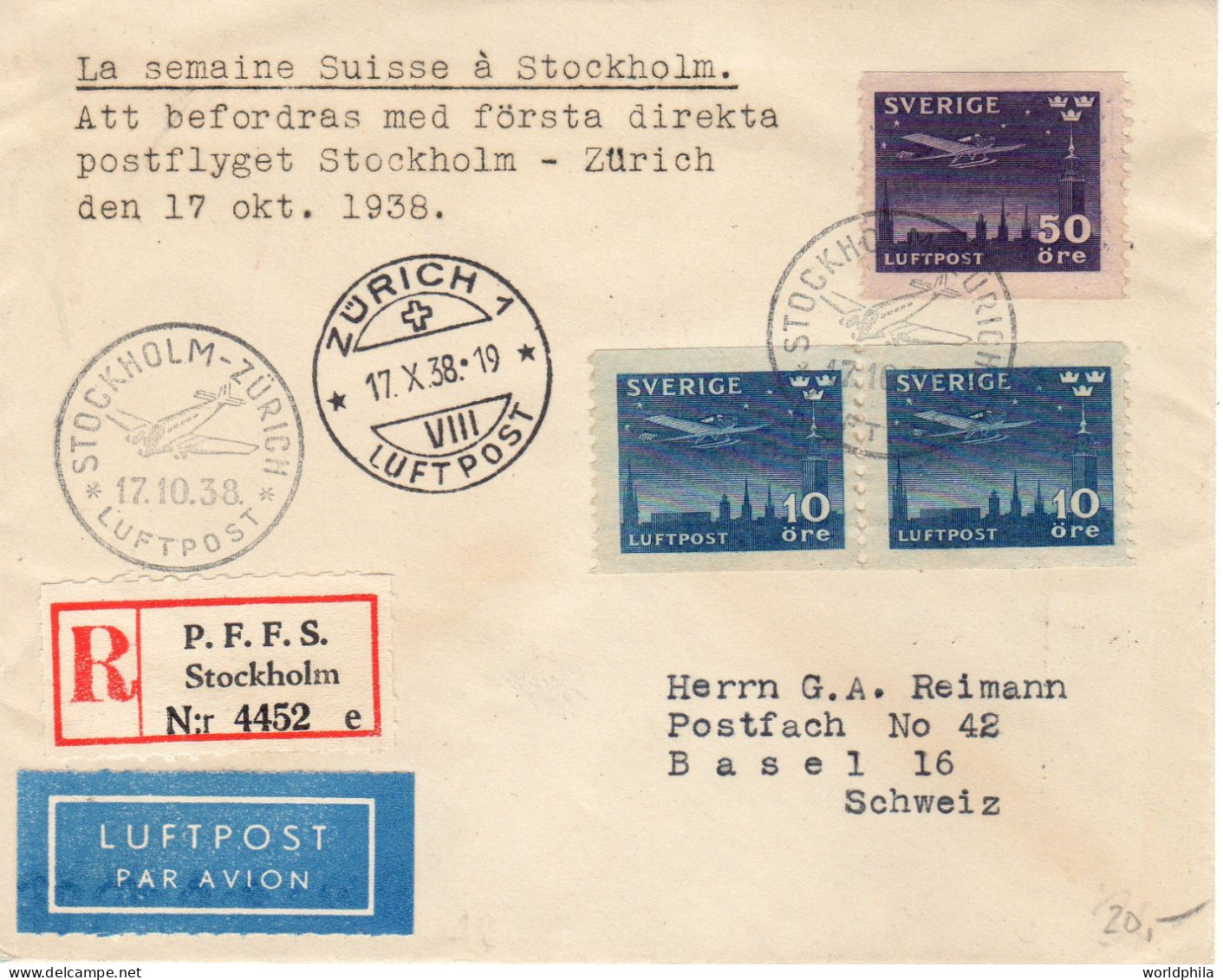 Sweden / Schweden-Schweiz / Suisse 1938 Registered FFC / Erstflugbrief - Brieven En Documenten