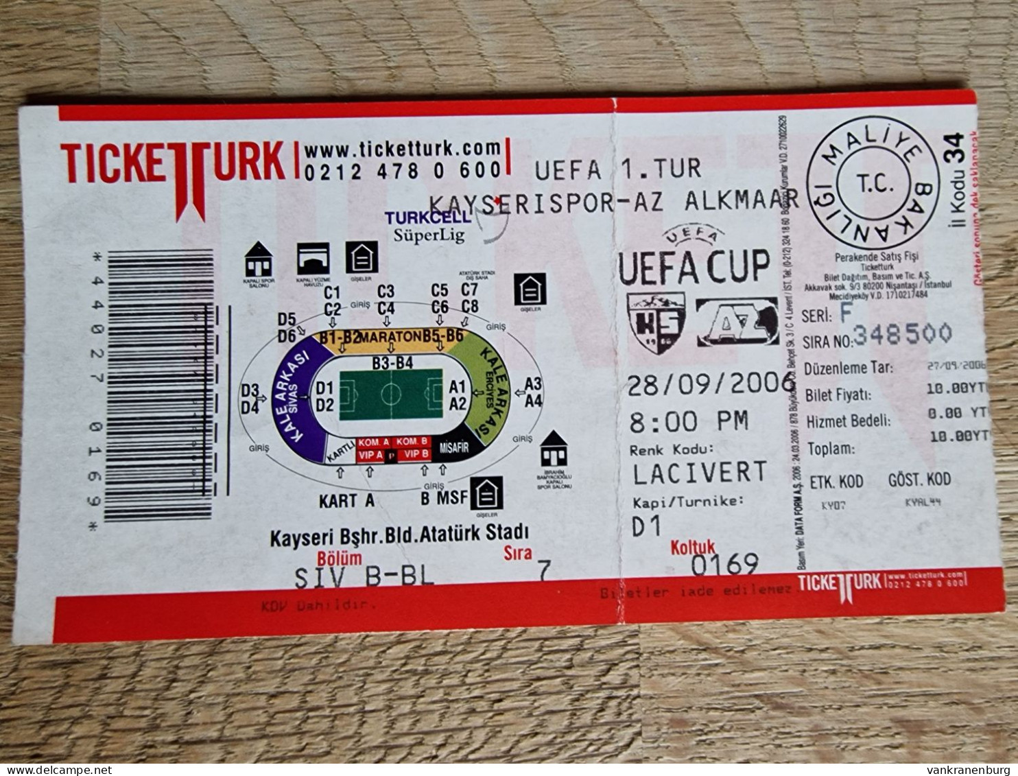 Ticket - Kayserispor - AZ Alkmaar - 28.9.2006 - UEFA Cup - Football Soccer Fussball Calcio - Tickets D'entrée