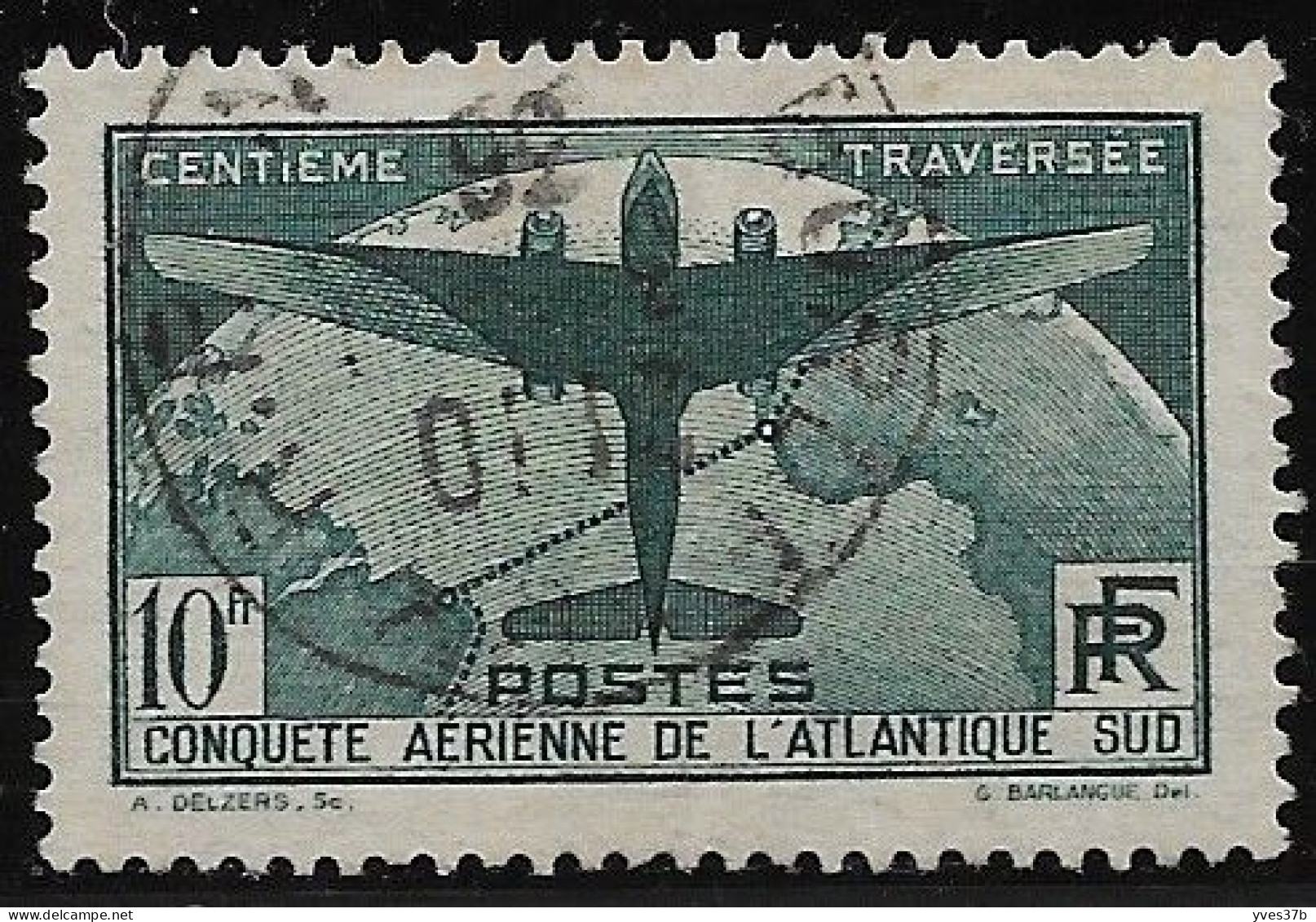 FRANCE N°321 - 10frs Vert "Traversée De L'Atlantique" - Oblitéré - TTB - - Used Stamps