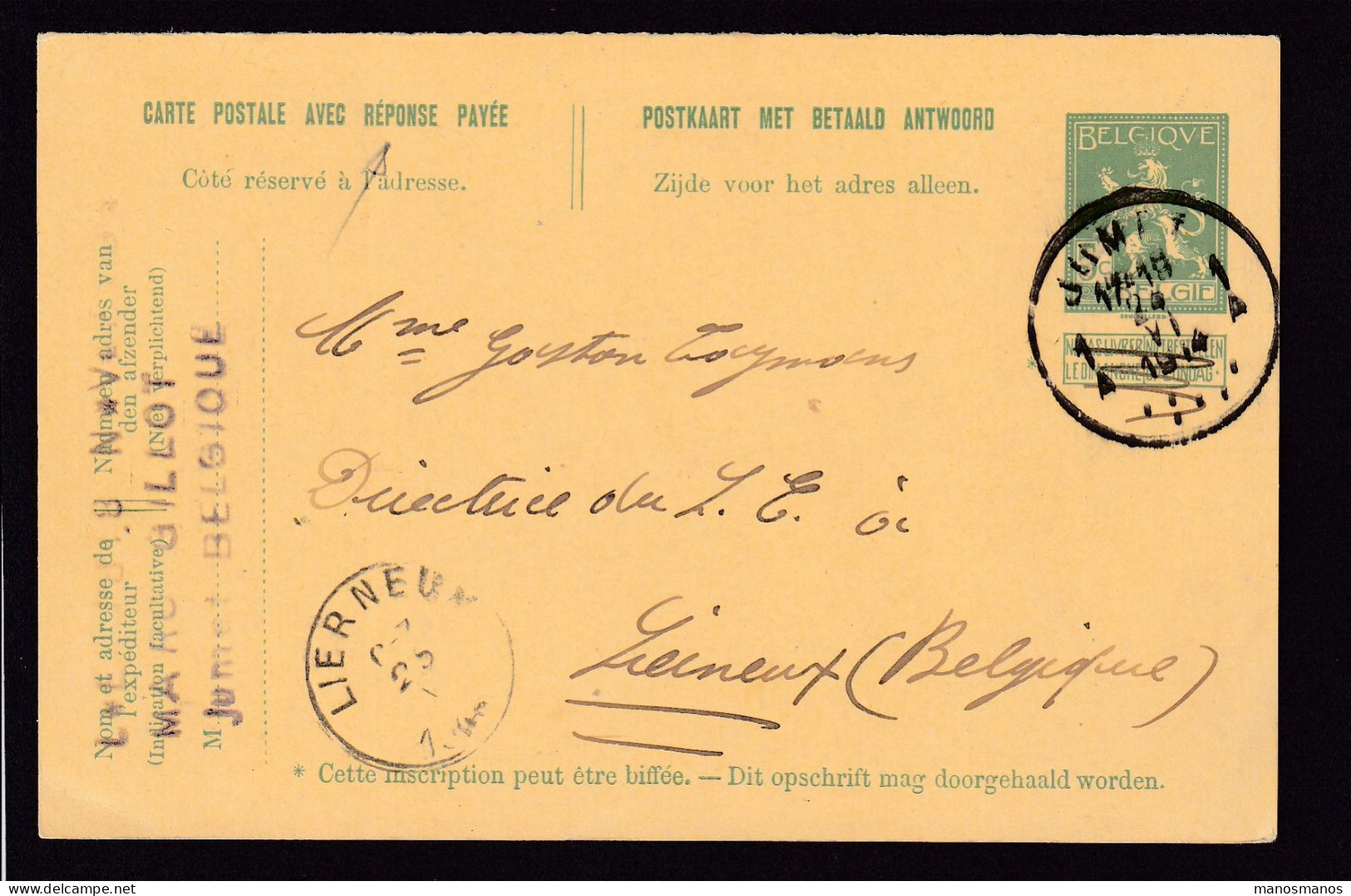 DDFF 451 - Entier Pellens T4R JUMET 1A En 1914 Vers Lierneux - COBA 15 EUR S/TP Détaché - Marc Gillot - Cartes Postales 1909-1934