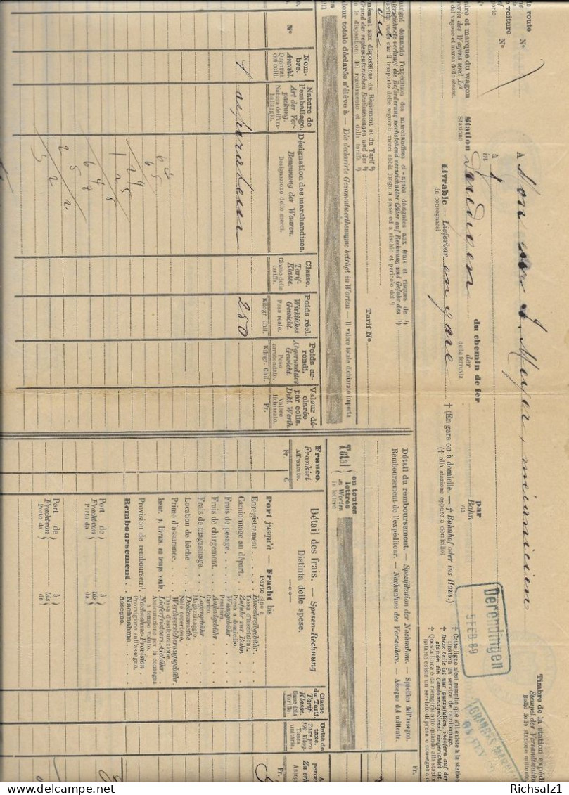 Frachtbrief Schweiz.Eisenbahnen 1889 - Ferrocarril