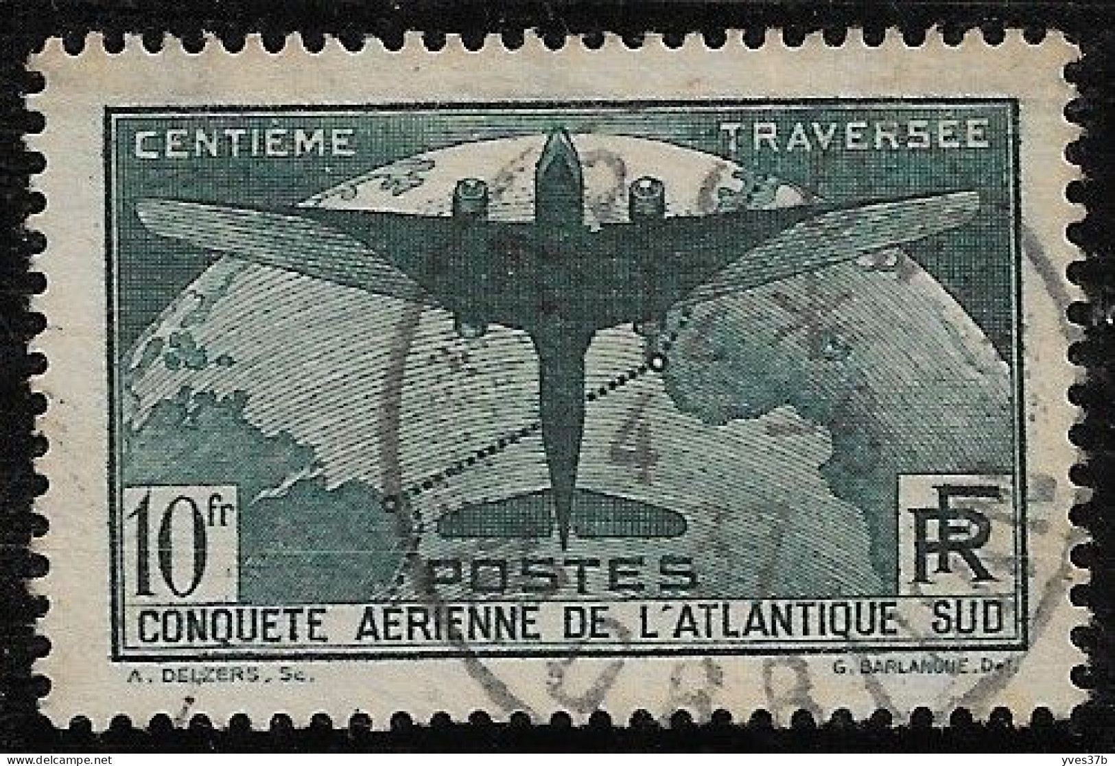FRANCE N°321 - 10frs Vert "Traversée De L'Atlantique" - Oblitéré 1937 - TTB - - Gebruikt