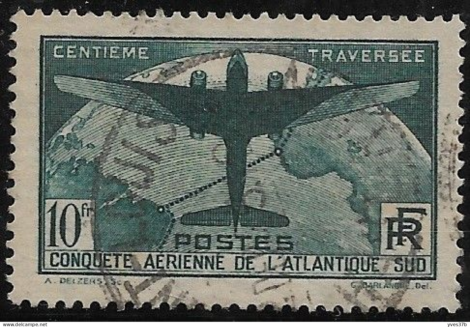 FRANCE N°321 - 10frs Vert "Traversée De L'Atlantique" - Oblitéré - TTB - - Used Stamps