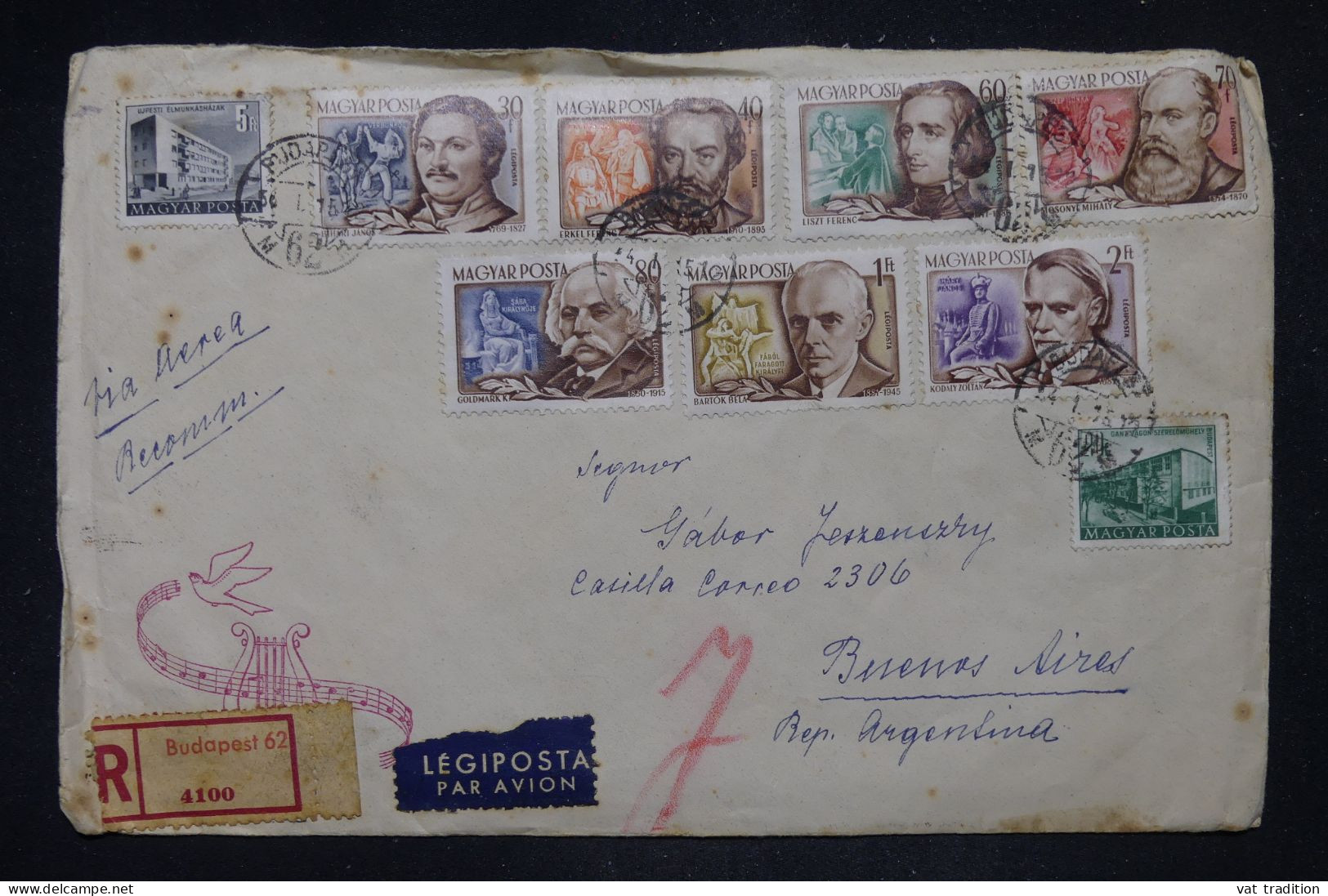 HONGRIE - Enveloppe En Recommandé De Budapest Pour L'Argentine En 1954 - L 149207 - Brieven En Documenten