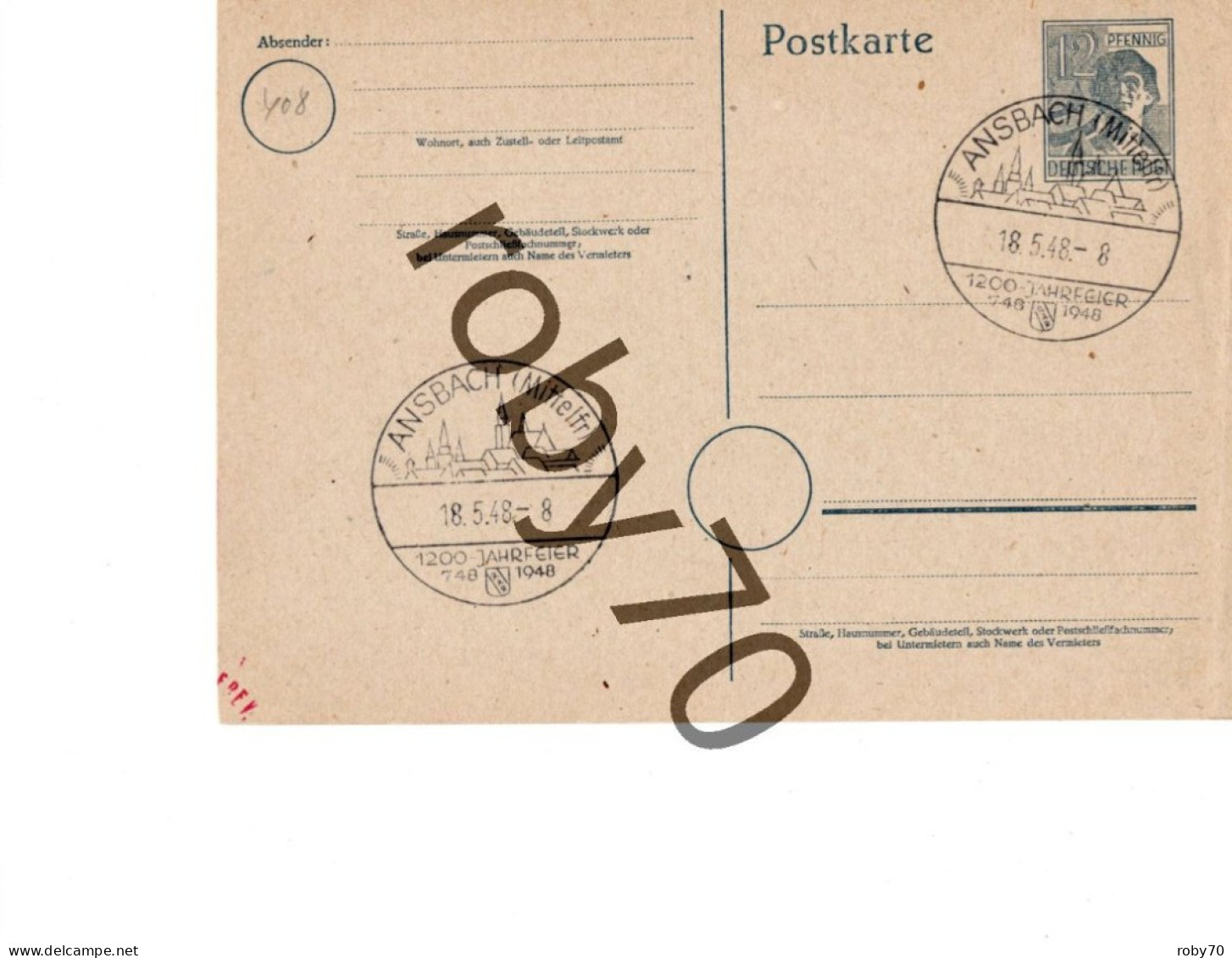 GERMANIA  -  INTERO POSTALE - POSTKARTE - ANULLO POSTALE ANSBACH   1948 - Covers & Documents