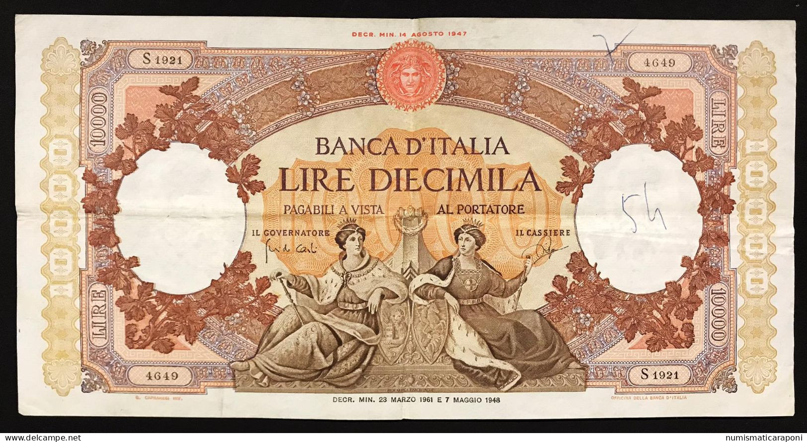10000 Lire Regine Del Mare 23 03 1961 Scritte Al D. Ma Carta Freschissima Bel Bb+ LOTTO 4690 Bis - 10.000 Lire