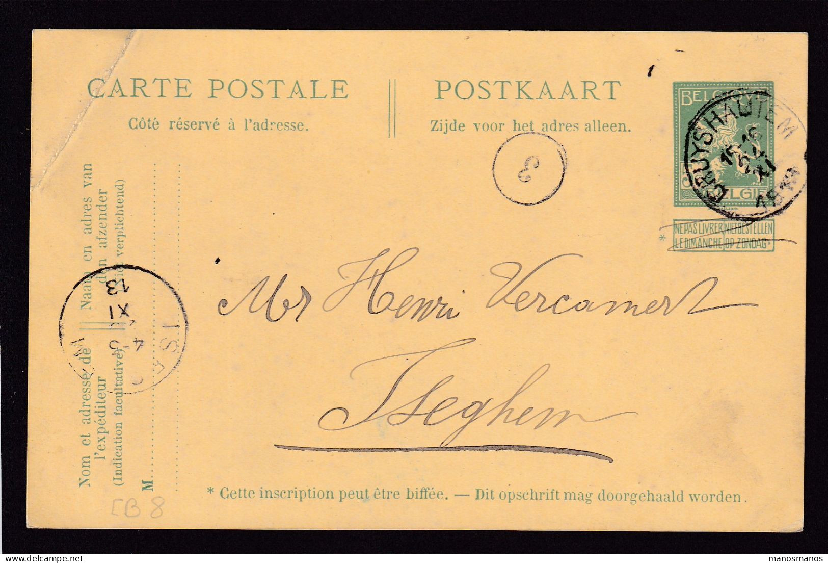 DDFF 457 - Entier Pellens T2R CRUYSHAUTEM 1913 Vers ISEGHEM - COBA 8 EUR S/TP Détaché - Postcards 1909-1934