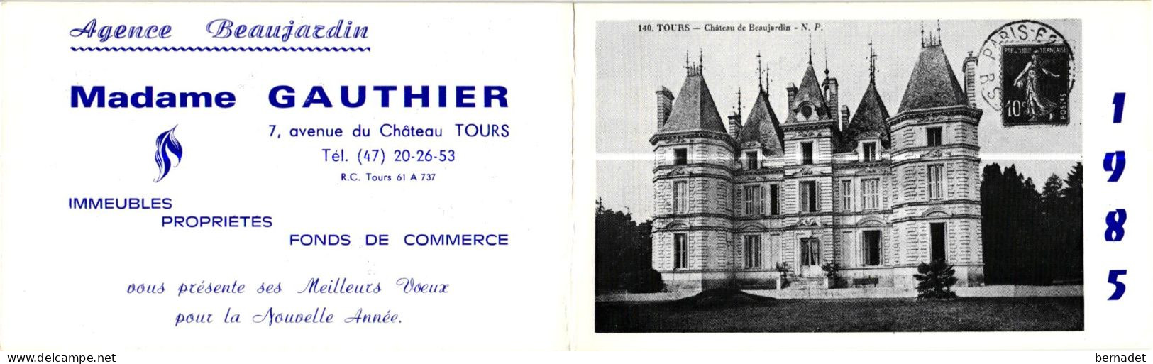 CALENDRIER DE POCHE . ILLUSTRE CHATEAU DE BEAUJARDIN . TOURS . AGENCE BEAUJARDIN  . 1985 - Petit Format : 1981-90