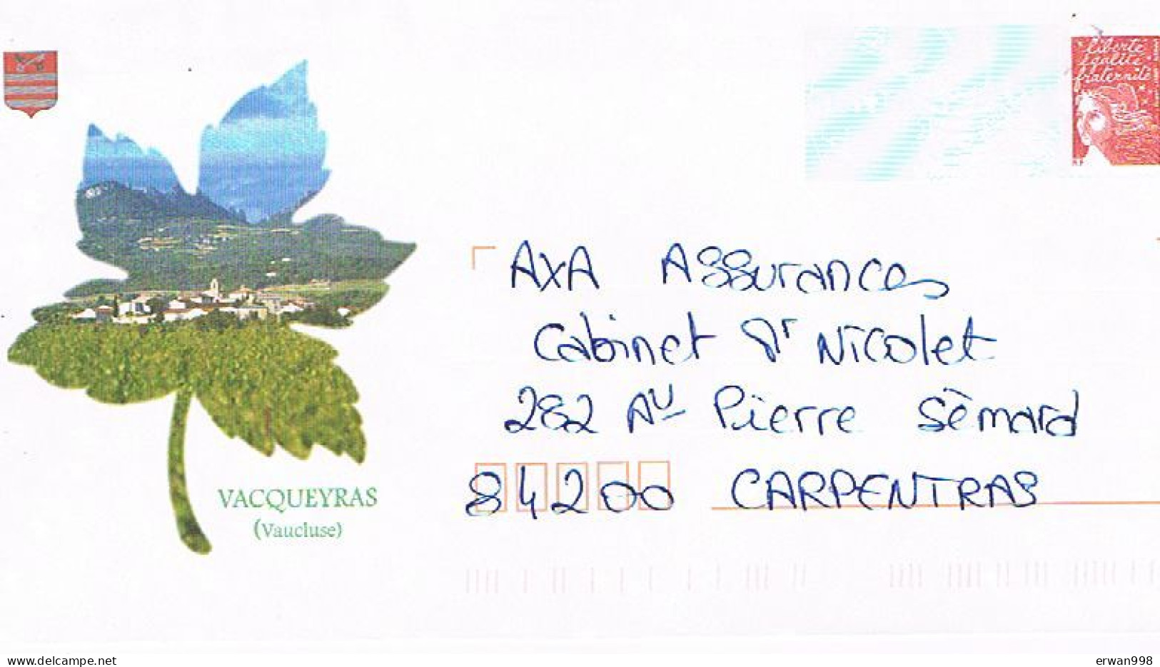 84 VACQUEYRAS Enveloppe Circulée Ayant échappé à L'oblitération Feuille De Vigne Encadrant Le Village Blason  Vin   254 - Prêts-à-poster:reply