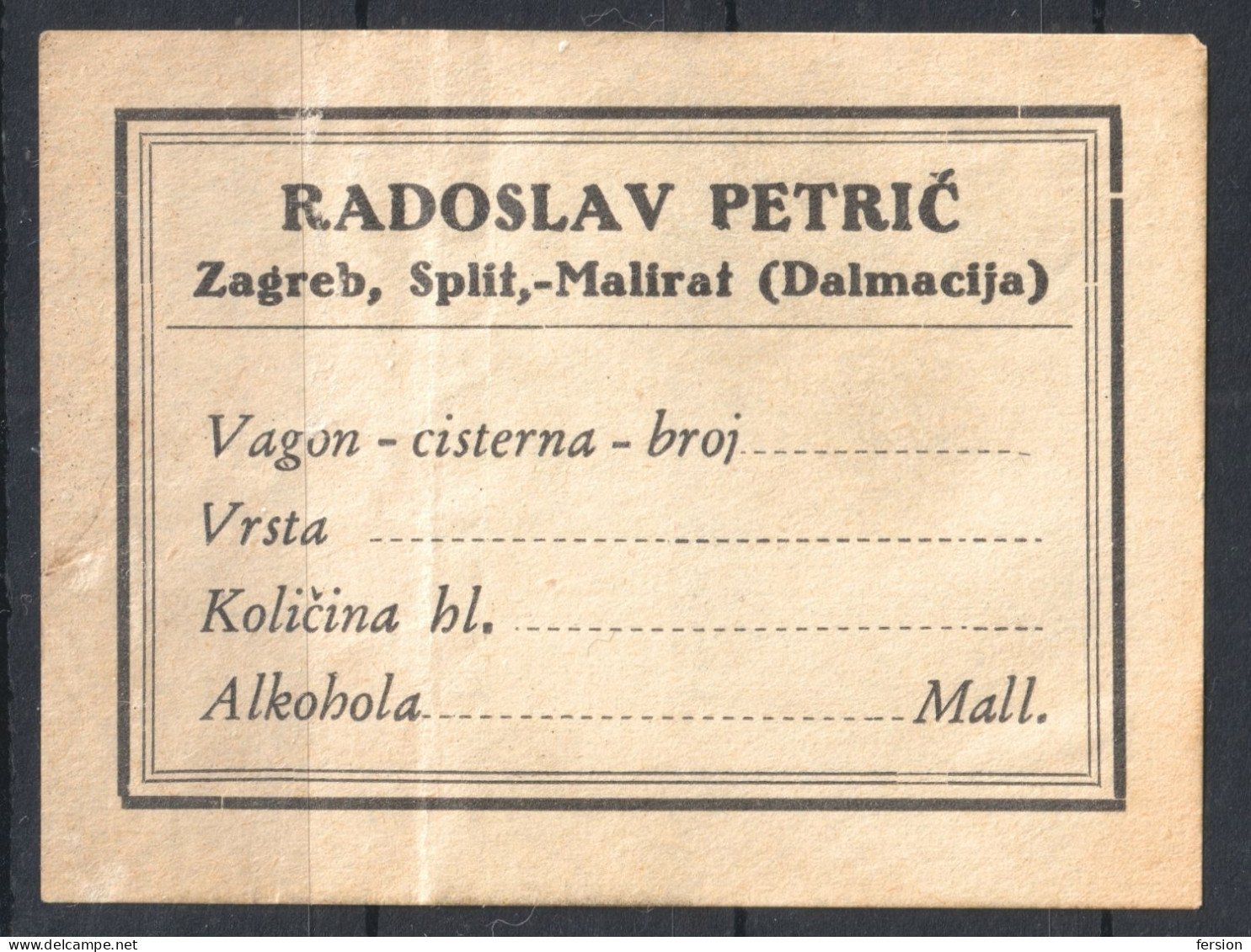 TRAIN RAILWAY Wagon Alcohol Tax Revenue LABEL CINDERELLA VIGNETTE Split Zagreb Mali Rat CROATIA Yugoslavia 1930 Petric - Servizio