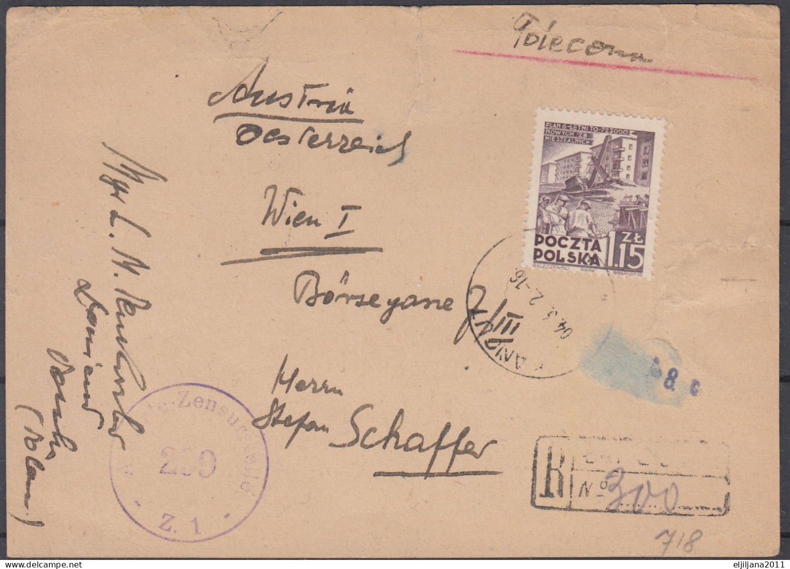 ⁕ Poland 1952 ⁕ Censored Registered Mail, Mi.718 ⁕ Postcard (damaged) - Covers & Documents