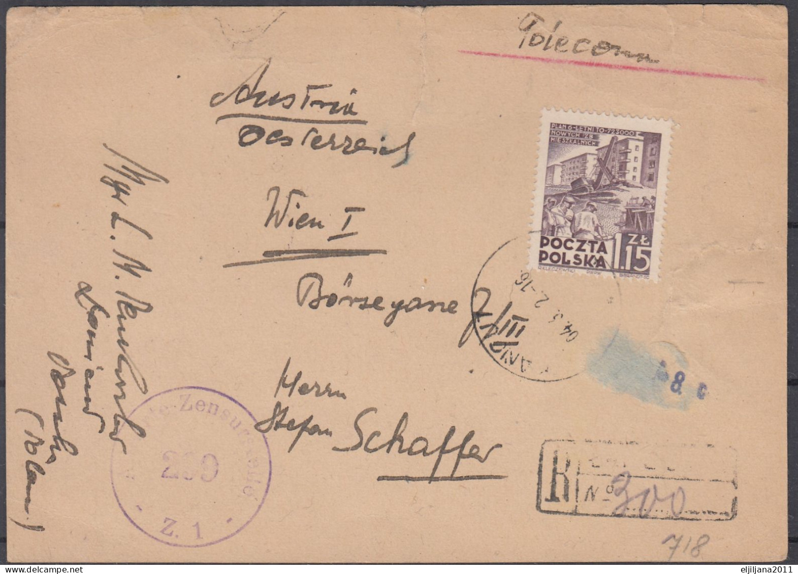 ⁕ Poland 1952 ⁕ Censored Registered Mail, Mi.718 ⁕ Postcard (damaged) - Lettres & Documents