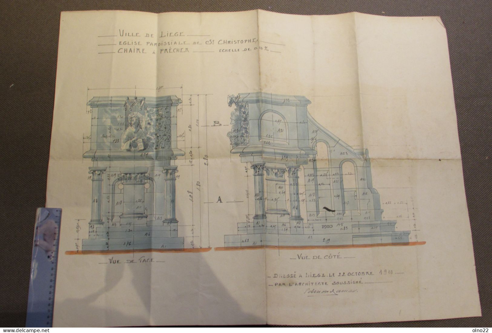 EGLISE PAROISSIALE ST.CHRISTOPHE A LIEGE-PLAN DE LA CHAIRE A PRECHER-DRESSE A LIEGE LE 22/10/1910-SIGNE DE L'ARCHITECTE - Architektur