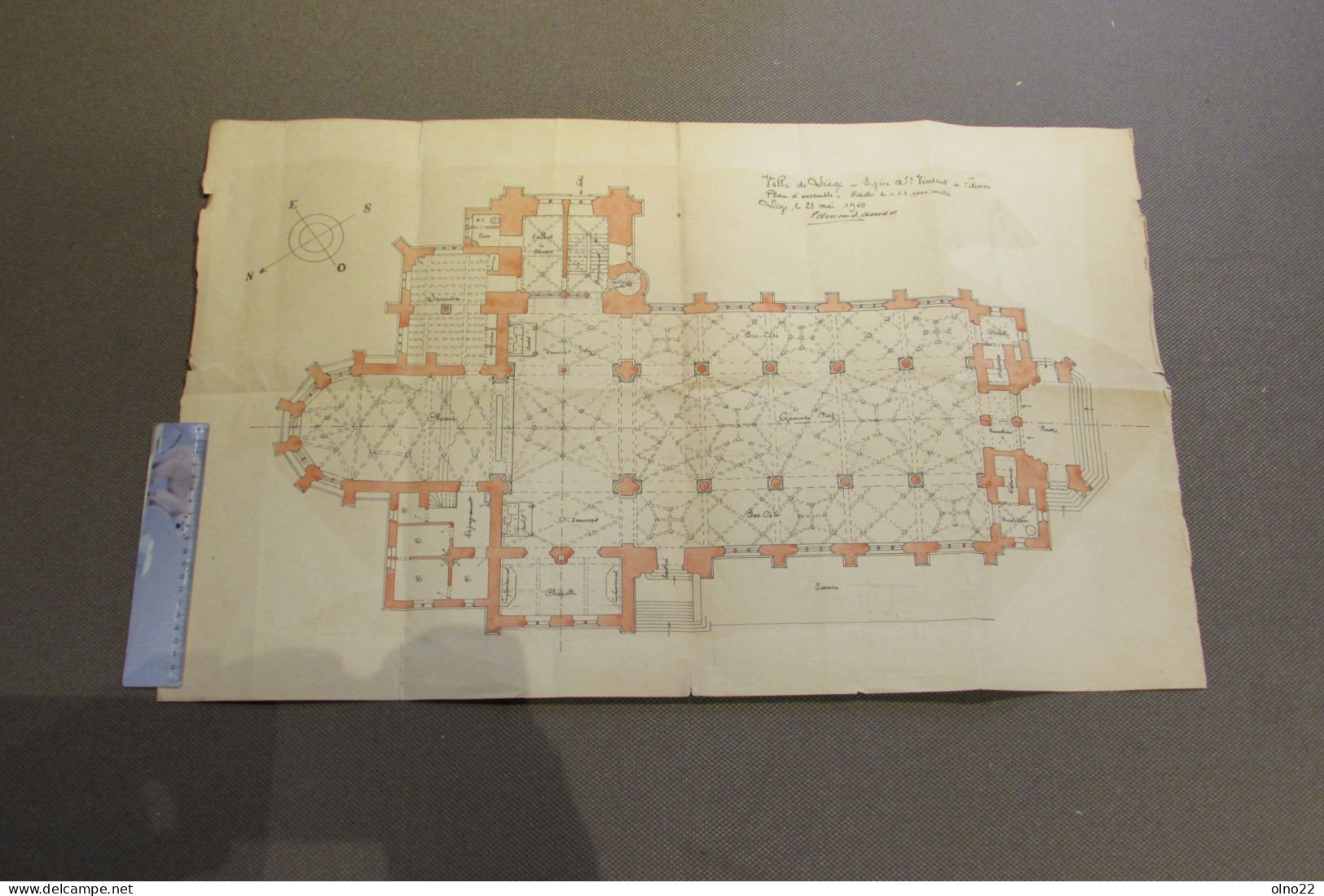 EGLISE ST.vincent  A LIEGE/FETINNE - PLAN D'ENSEMBLE  DE L'EGLISE -DRESSE A LIEGE LE 282/05/1910-SIGNE DE L'ARCHITECTE - Architektur