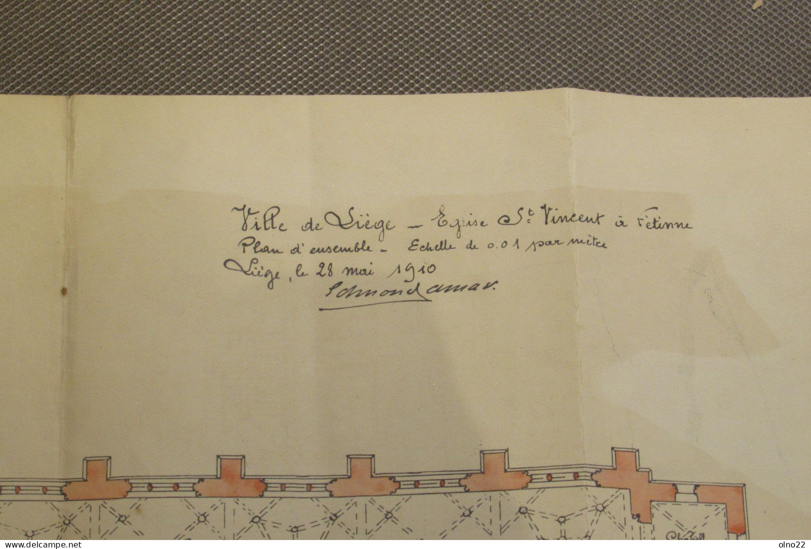EGLISE ST.vincent  A LIEGE/FETINNE - PLAN D'ENSEMBLE  DE L'EGLISE -DRESSE A LIEGE LE 282/05/1910-SIGNE DE L'ARCHITECTE - Architecture
