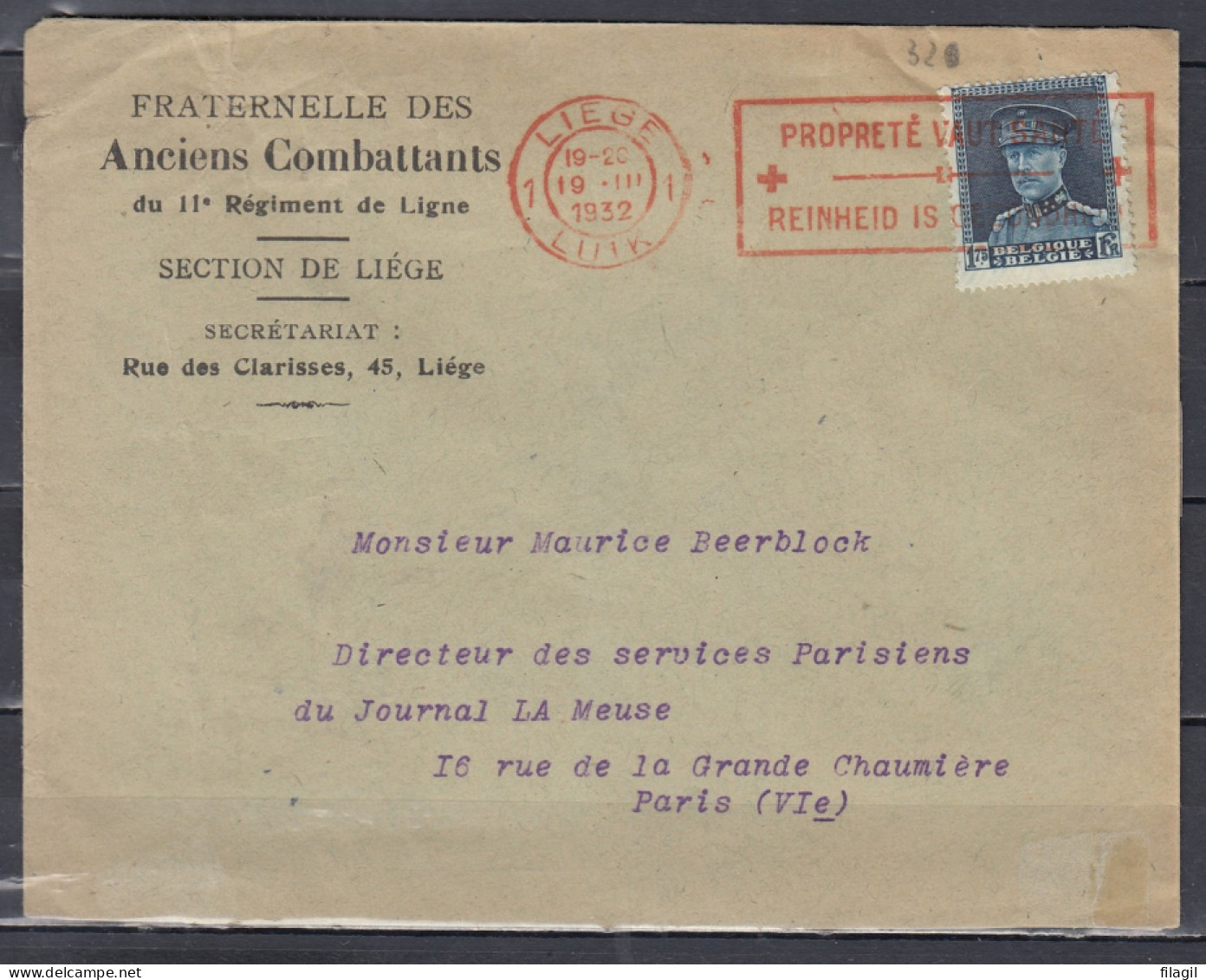 Brief Van Liege Naar Paris Propreté Vaut Santé (Rode Stempel) - 1931-1934 Képi