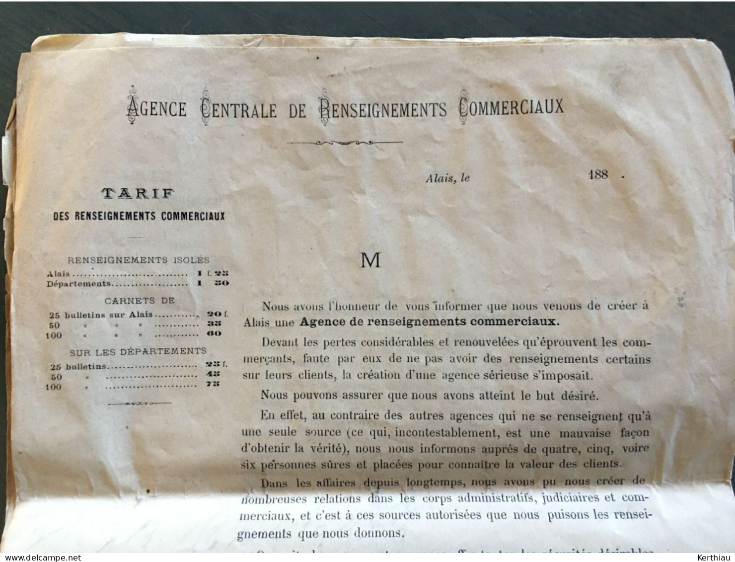 Alais / Alès - 1880 - Document Annonçant La Création à Alais D'une Agence Centrale De Renseignements Commerciaux. - Banco & Caja De Ahorros