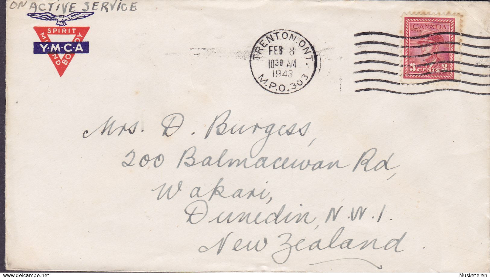 Canada  Y.M.C.A. Cachet ON ACTIVE SERVICE, TRENTON Ont. M.P.O. 303, 1943 Cover Brief Lettre DUNEDIN New Zealand (2 Scans - Storia Postale