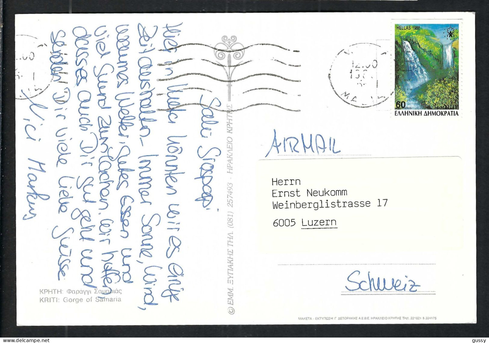 GRECE  Ca.1995:  CP  De CRETE  Pour LUZERN (Suisse) - Briefe U. Dokumente