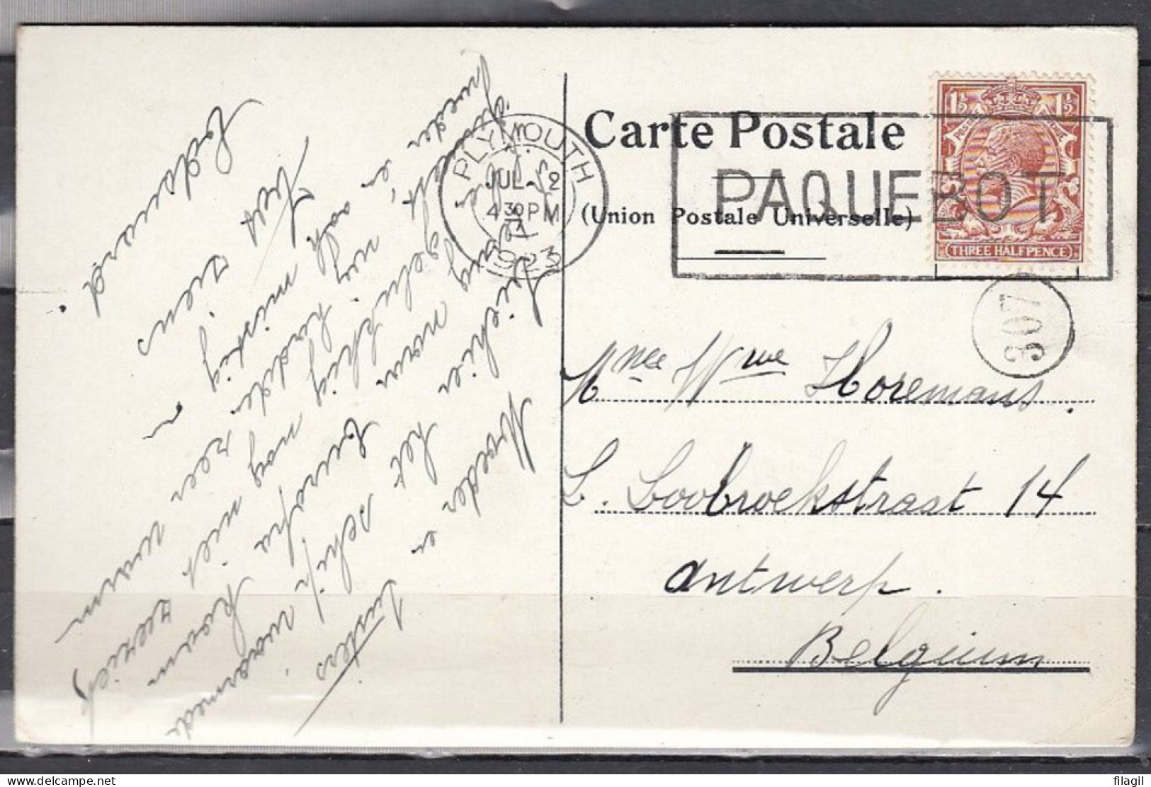 Postkaart Van Plymouth Naar Antwerpen (Belgie) Paquebot - Briefe U. Dokumente