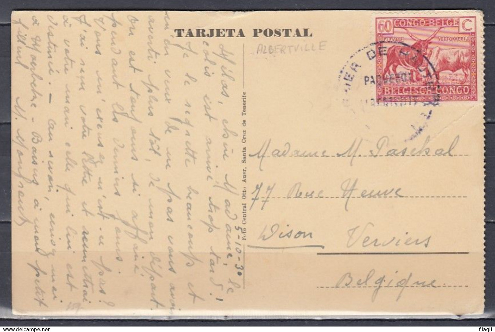 Postkaart Van Courrier De Haute Mer Paquebot Albertville Naar Verviers (Belgie) - Lettres & Documents