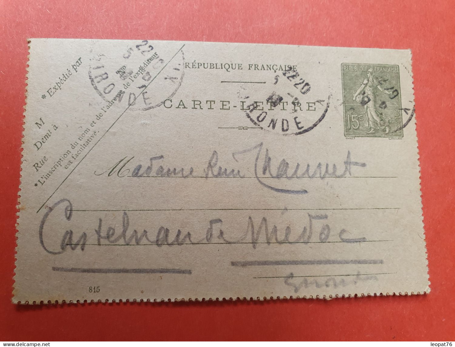 Entier Postal Semeuse De Bordeaux Pour Castelnau Du Médoc En 1919 - Ref  2976 - Kaartbrieven