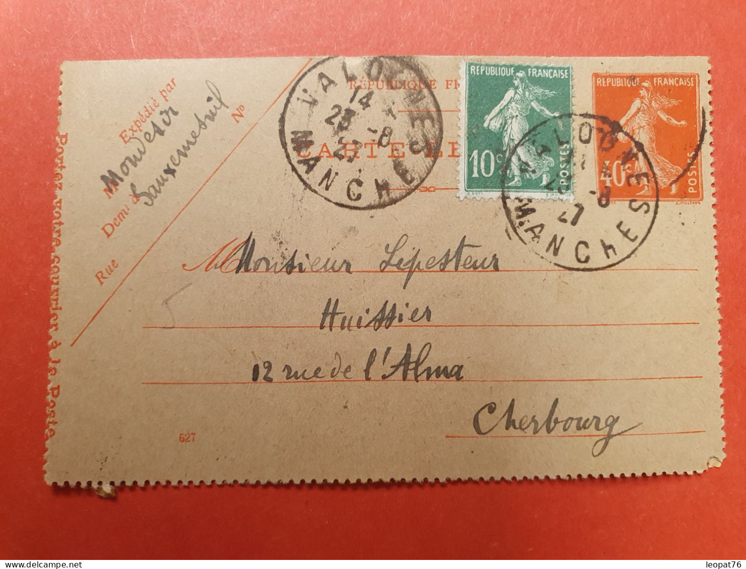 Entier Postal Semeuse + Complément Semeuse De Valognes Pour Cherbourg En 1927  - Ref  2977 - Kaartbrieven