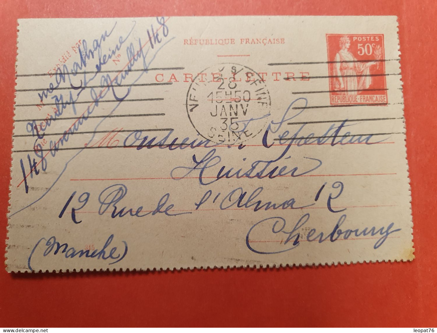 Entier Postal Paix De Neuilly/Seine Pour Cherbourg En 1935  - Ref  2978 - Kartenbriefe