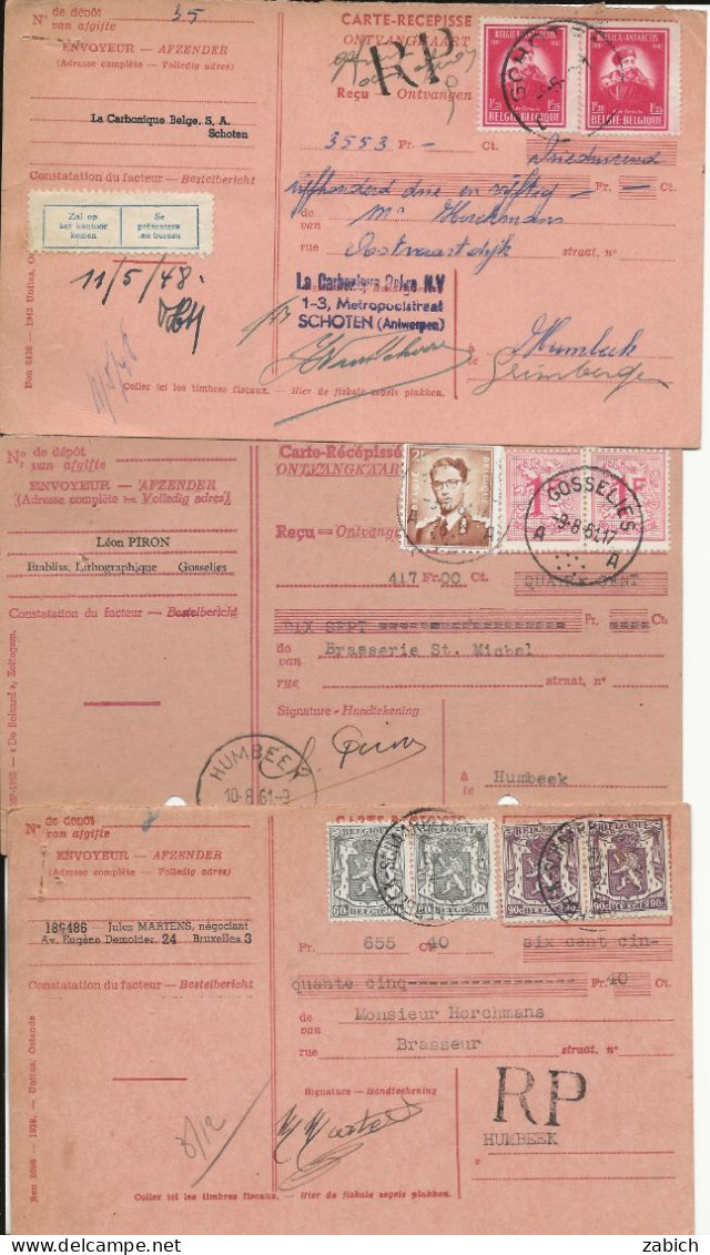 FISCAUX BELGIQUE 16 Cartes Récépissés 1948 1961 - Dokumente