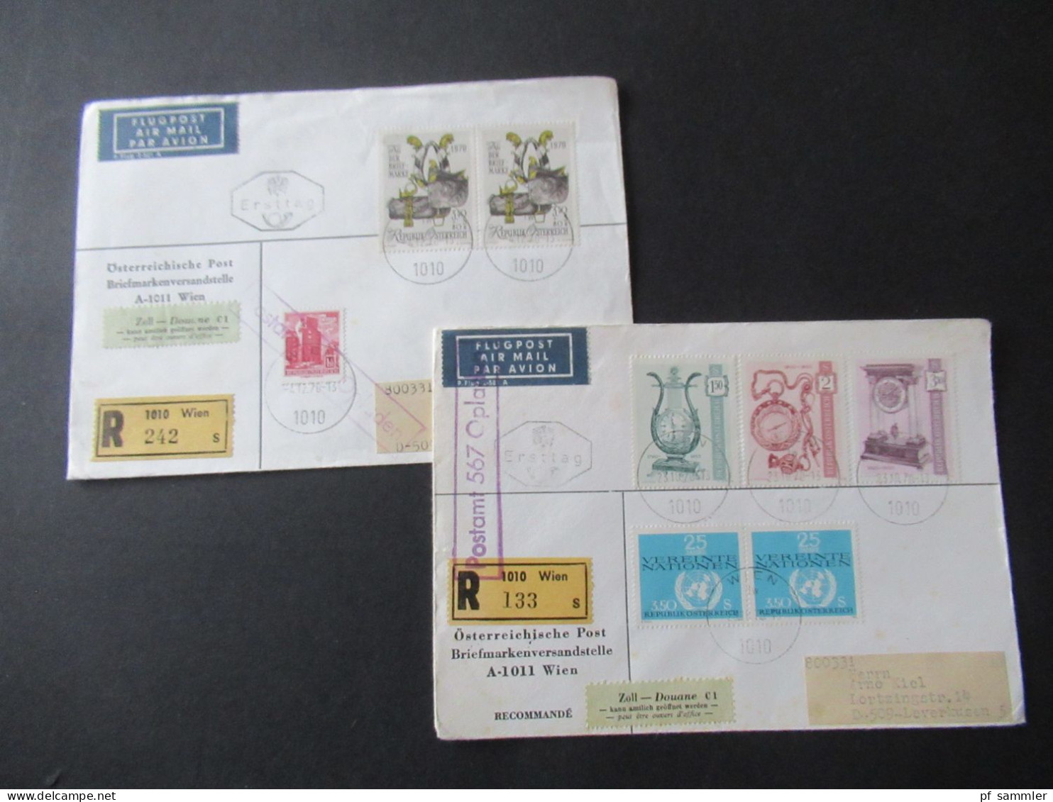 Österreich 1970 FDC Flugpost Air Mail Wien - Leverkusen Mit Zollaufkleber Und Violetter Stp. Ra1 Postamt 567 Opladen - Cartas & Documentos