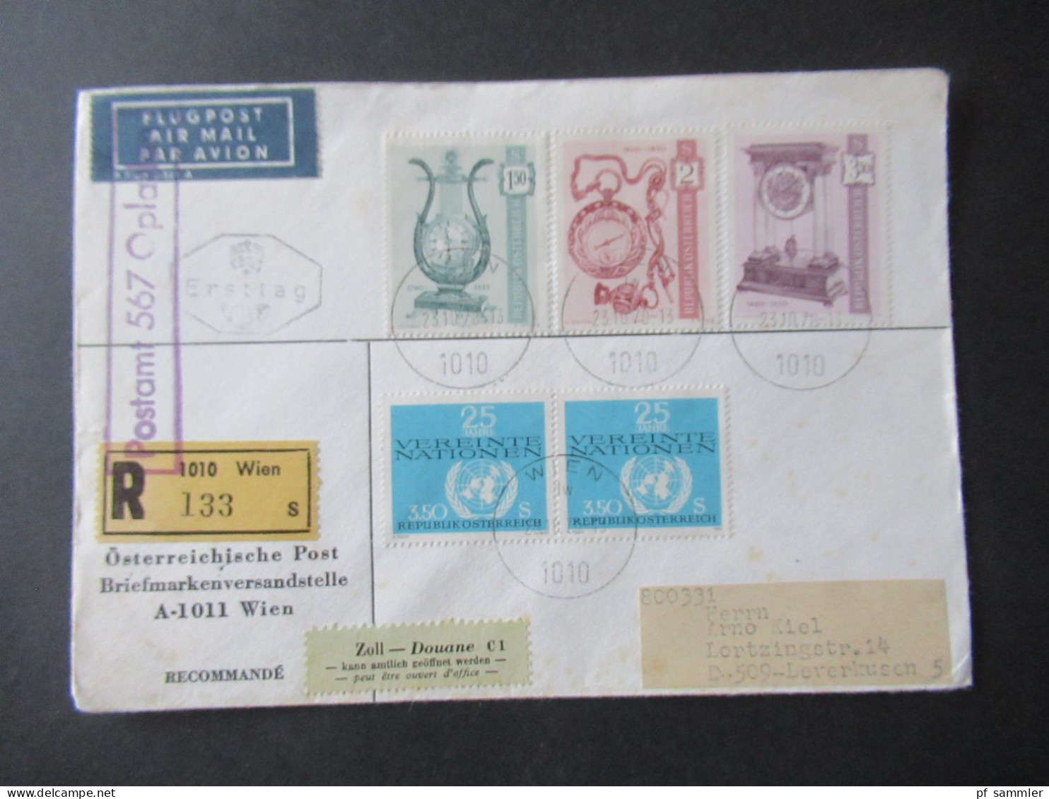 Österreich 1970 FDC Flugpost Air Mail Wien - Leverkusen Mit Zollaufkleber Und Violetter Stp. Ra1 Postamt 567 Opladen - Briefe U. Dokumente