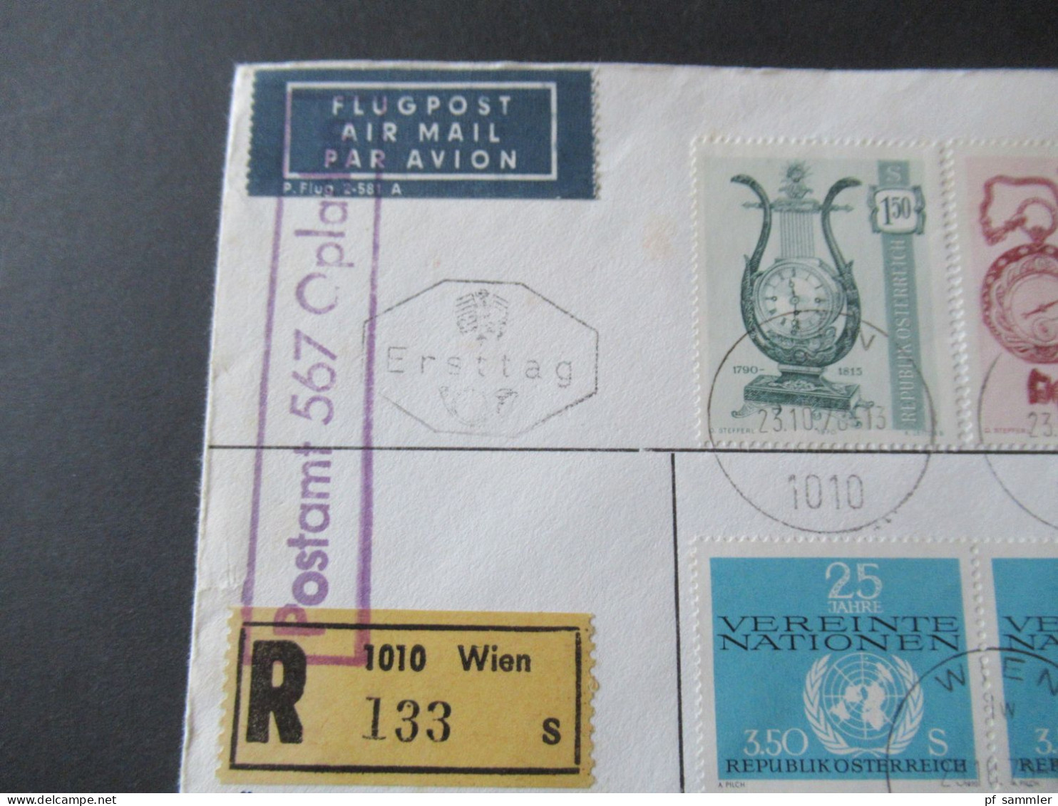 Österreich 1970 FDC Flugpost Air Mail Wien - Leverkusen Mit Zollaufkleber Und Violetter Stp. Ra1 Postamt 567 Opladen - Storia Postale