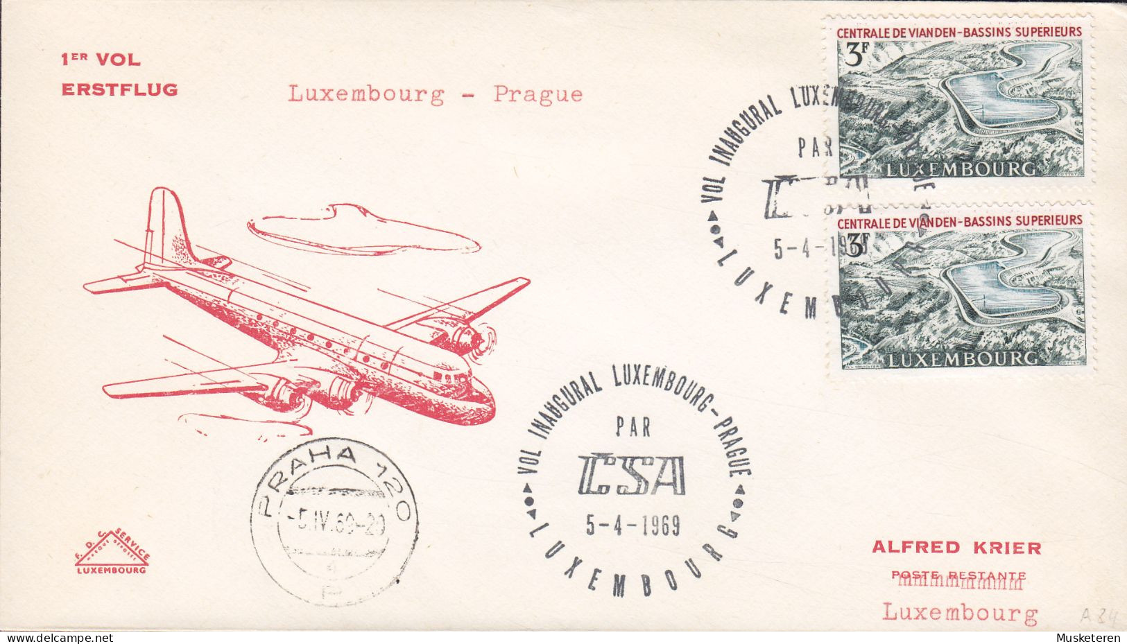 Luxembourg Vol INAUGURAL Erstflug First Flight LUXEMBOURG - PRAGUE 1969 Cover Brief Lettre PRAHA (Arr.) - Covers & Documents