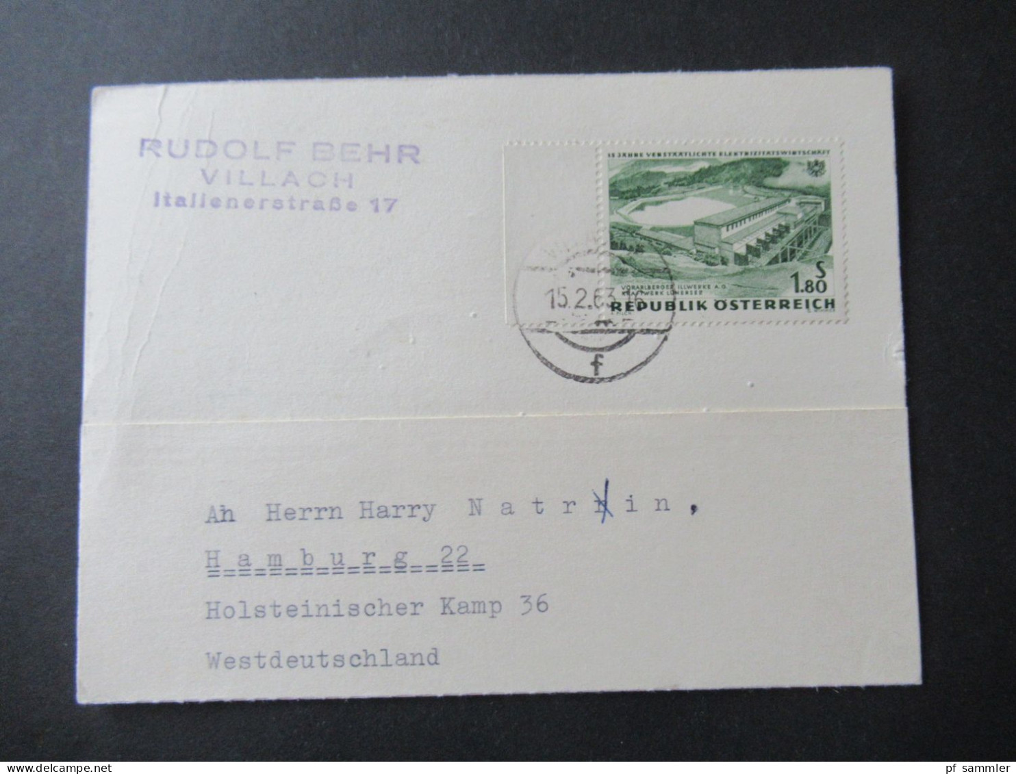 Österreich 1963 15 Jahre Verstaatlichte Elektrizitätswirtschaft Mi.Nr.1105 Bogentrand Links Auslands PK Villach - Hambur - Storia Postale