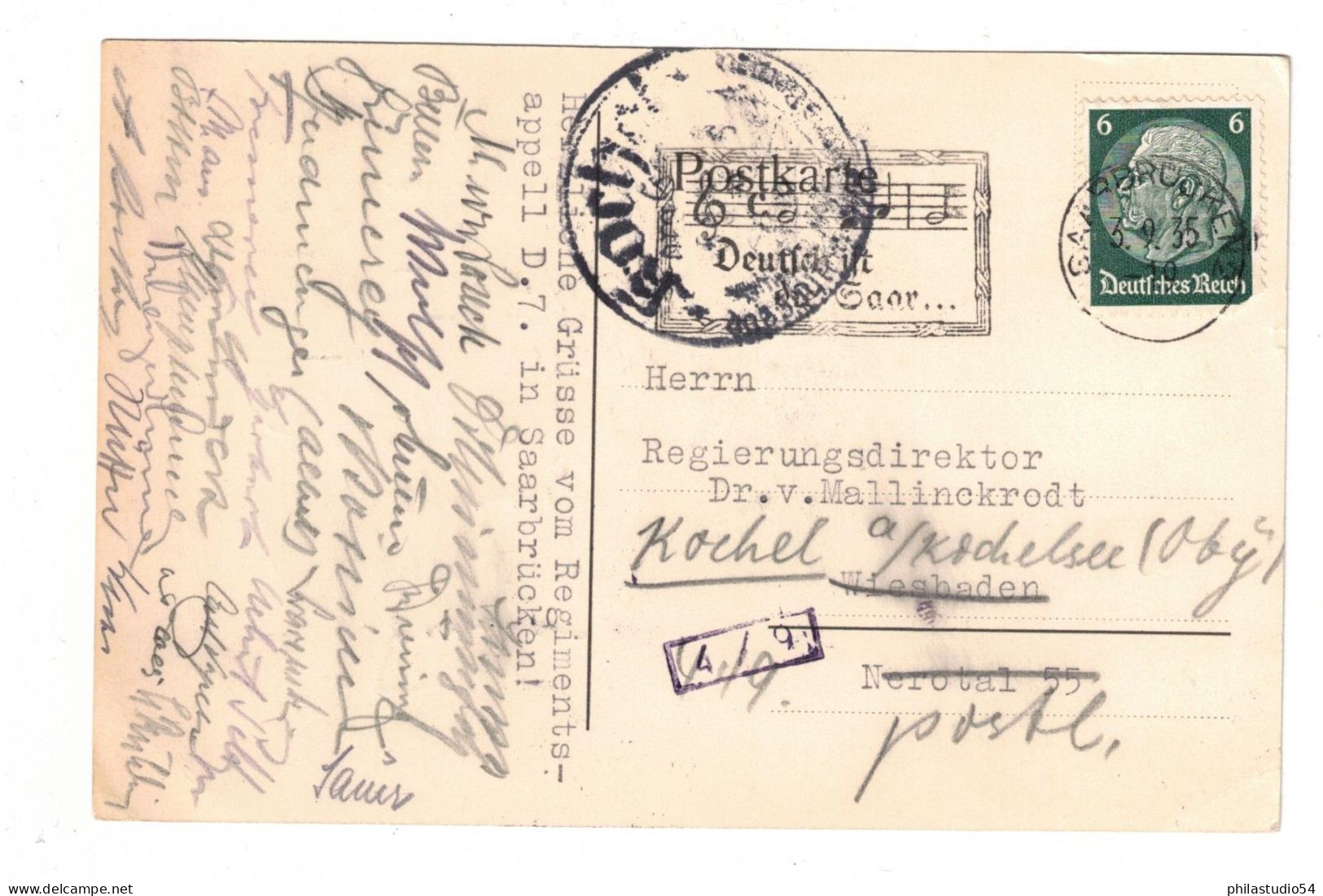 1935, Grußkarte Aus Saarbrücken Mit Grüßen Vom „Regimentsapell“ Nach Holland Mit Weiterleitung - Lettres & Documents