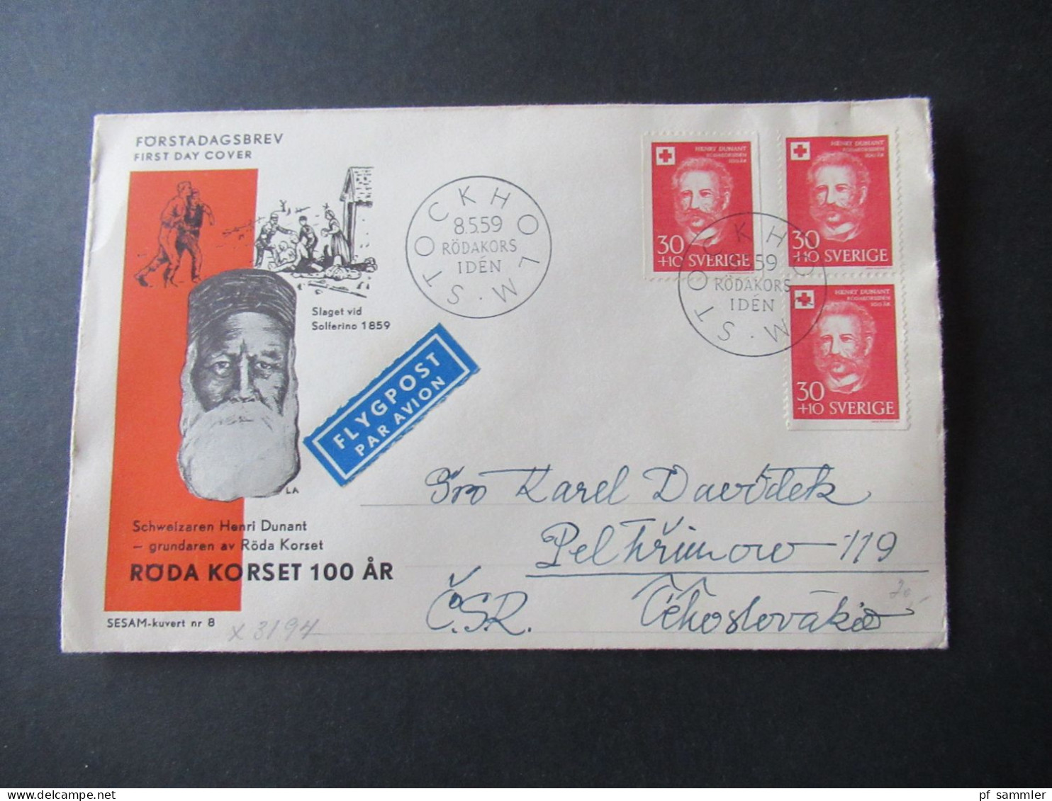 Schweden 1959 FDC / Sonderbeleg Henry Dunant / Rotes Kreuz / Croix Rouge In Die CSR Gesendet - Briefe U. Dokumente