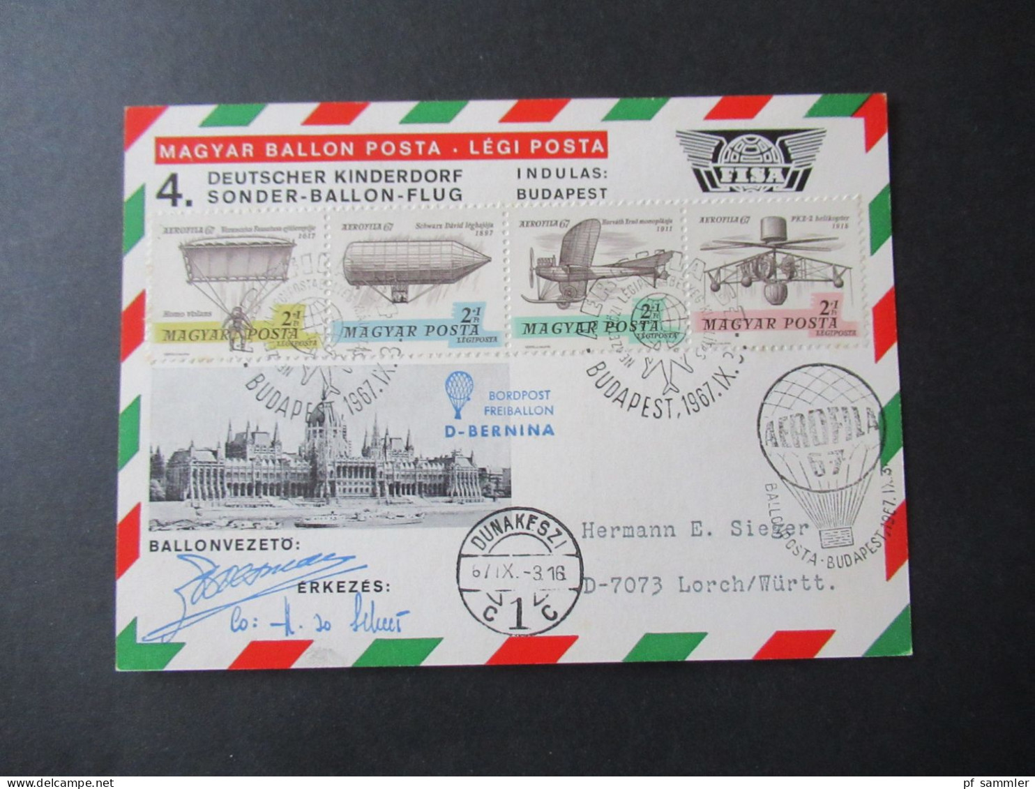 Ungarn 1967 Magyar Ballon Posta Aerofila 67 4. Deutscher Kinderdorf Sonder Ballon Flug Budapest - Hermann E Sieger - Covers & Documents