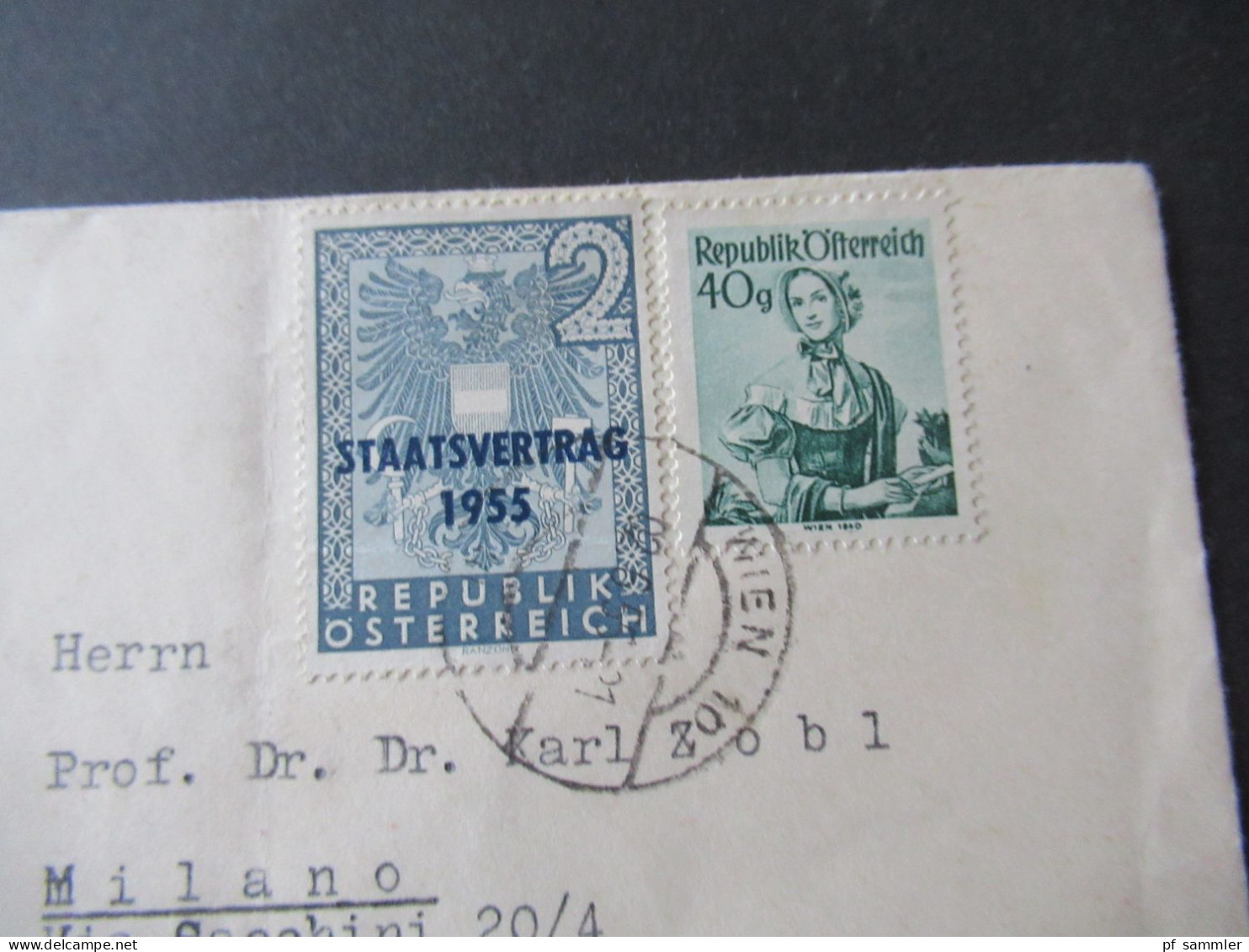 Österreich 1955 Staatsvertrag 1955 Mi.Nr.1017 MiF Mit Freimarken Trachten Tagesstempel Wien 101 Nach Milano Italien - Cartas & Documentos