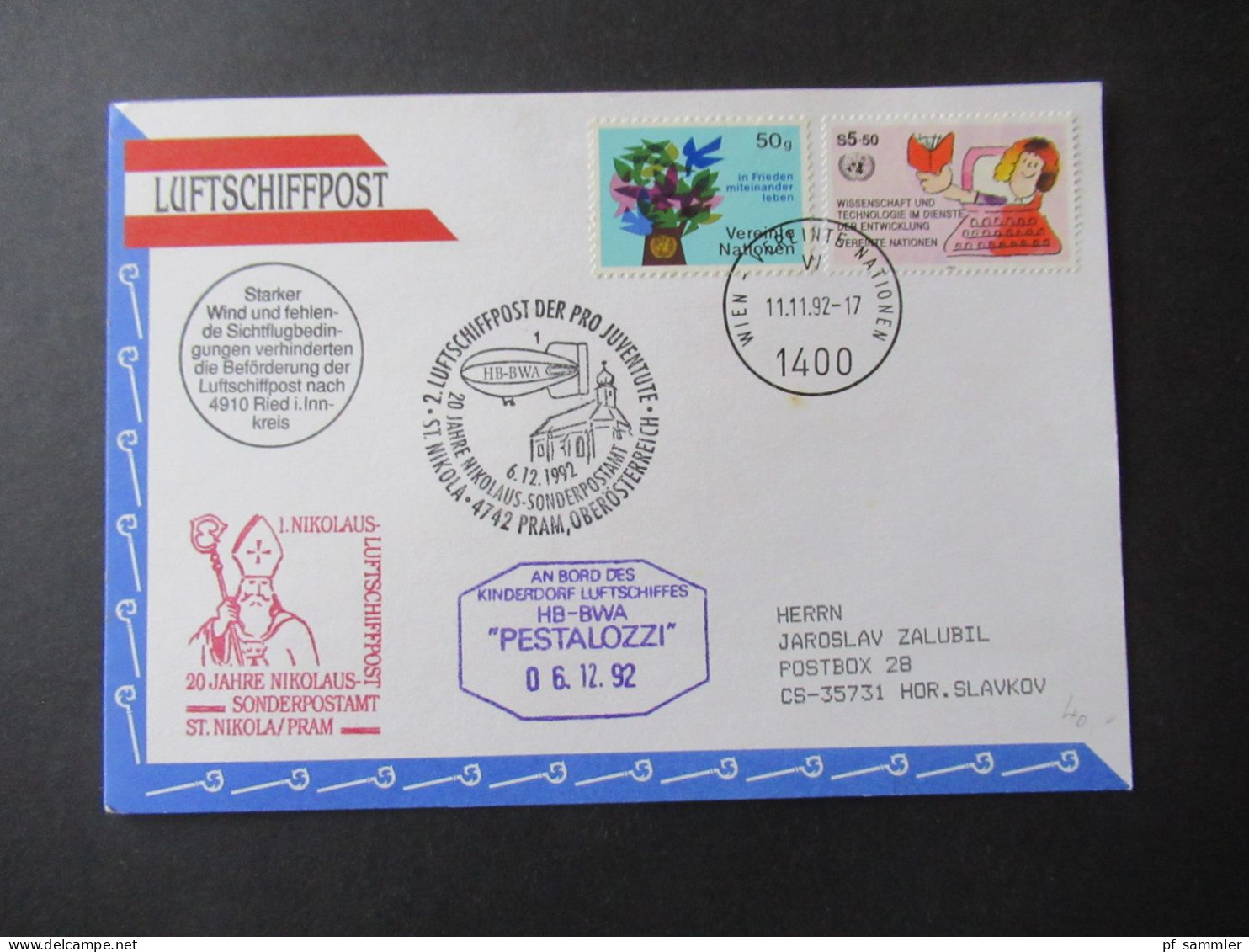 Österreich 1993 Und 92 Luftschiffpost / 1.Nikolaus-Luftschiffpost / Luftschiff HB-BKP Und Pestalozzi HB - BWA - Covers & Documents