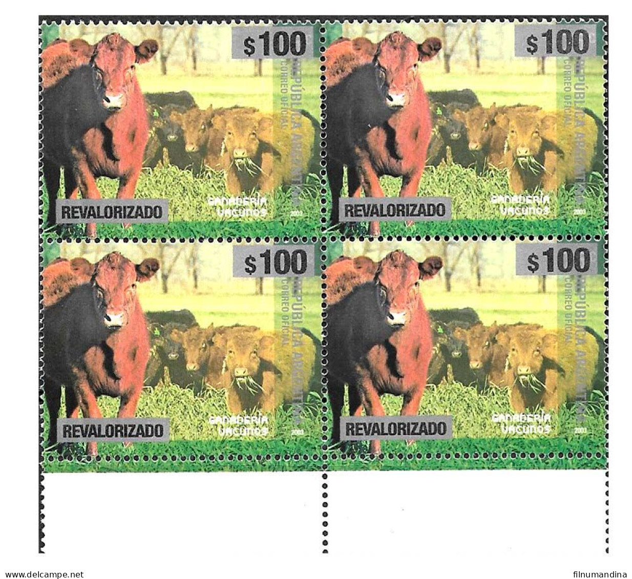 #75342 ARGENTINA 2023 NEW EMERGENCY DEFINITIVES CATTLES FAUNA 100 Ps BLOC OF 4 MNH - Ongebruikt