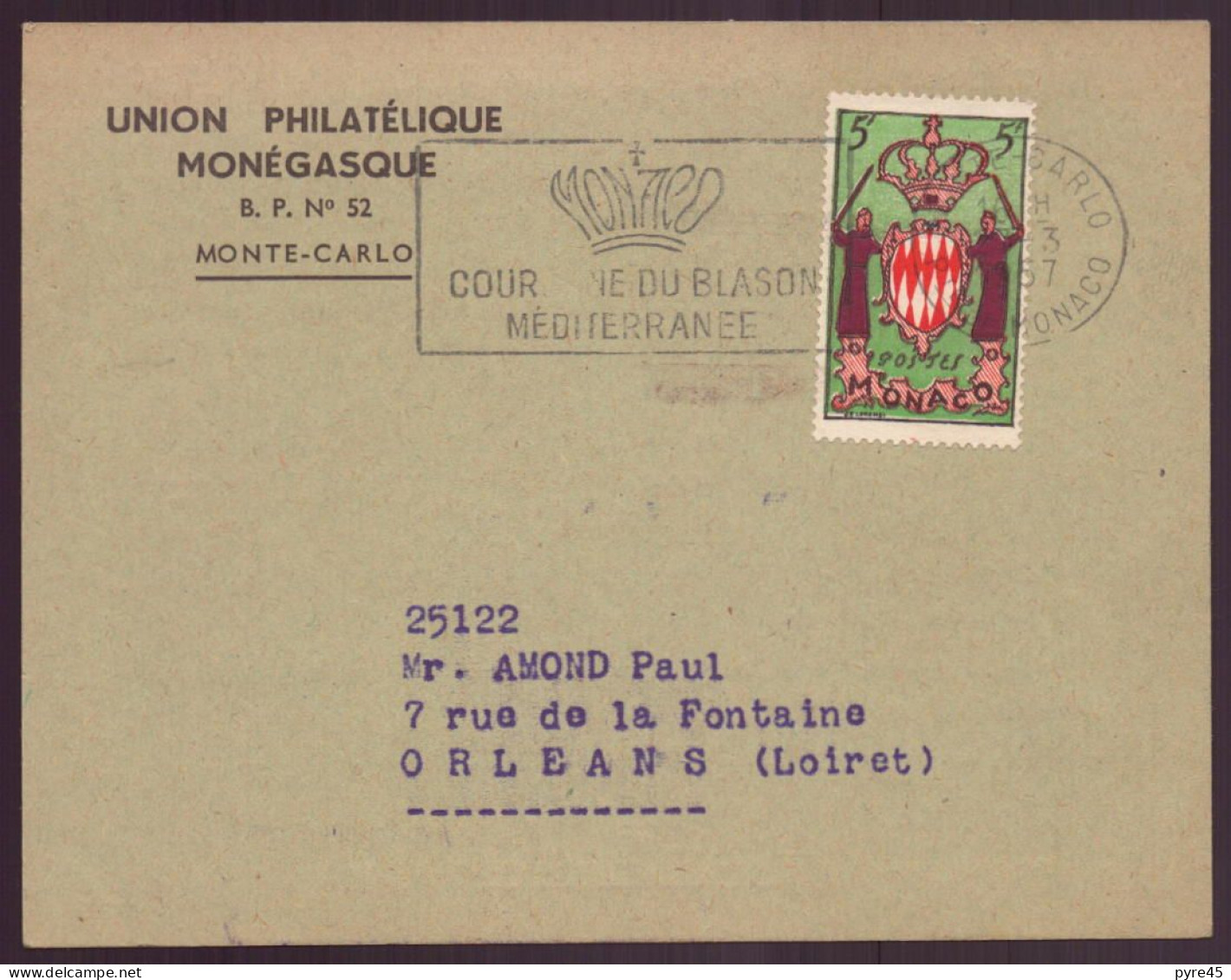 MONACO ENVELOPPE DE 1957 DE MONTE CARLO POUR ORLEANS UNION PHILATELIQUE MONEGASQUE - Marcophilie