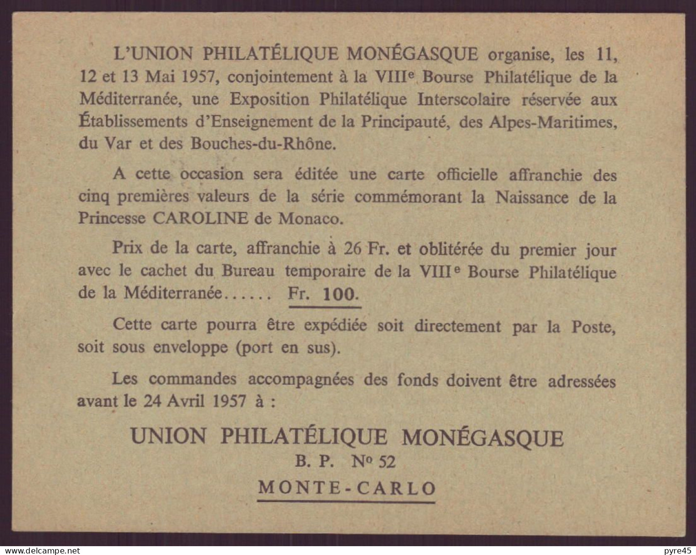 MONACO ENVELOPPE DE 1957 DE MONTE CARLO POUR ORLEANS UNION PHILATELIQUE MONEGASQUE - Marcophilie