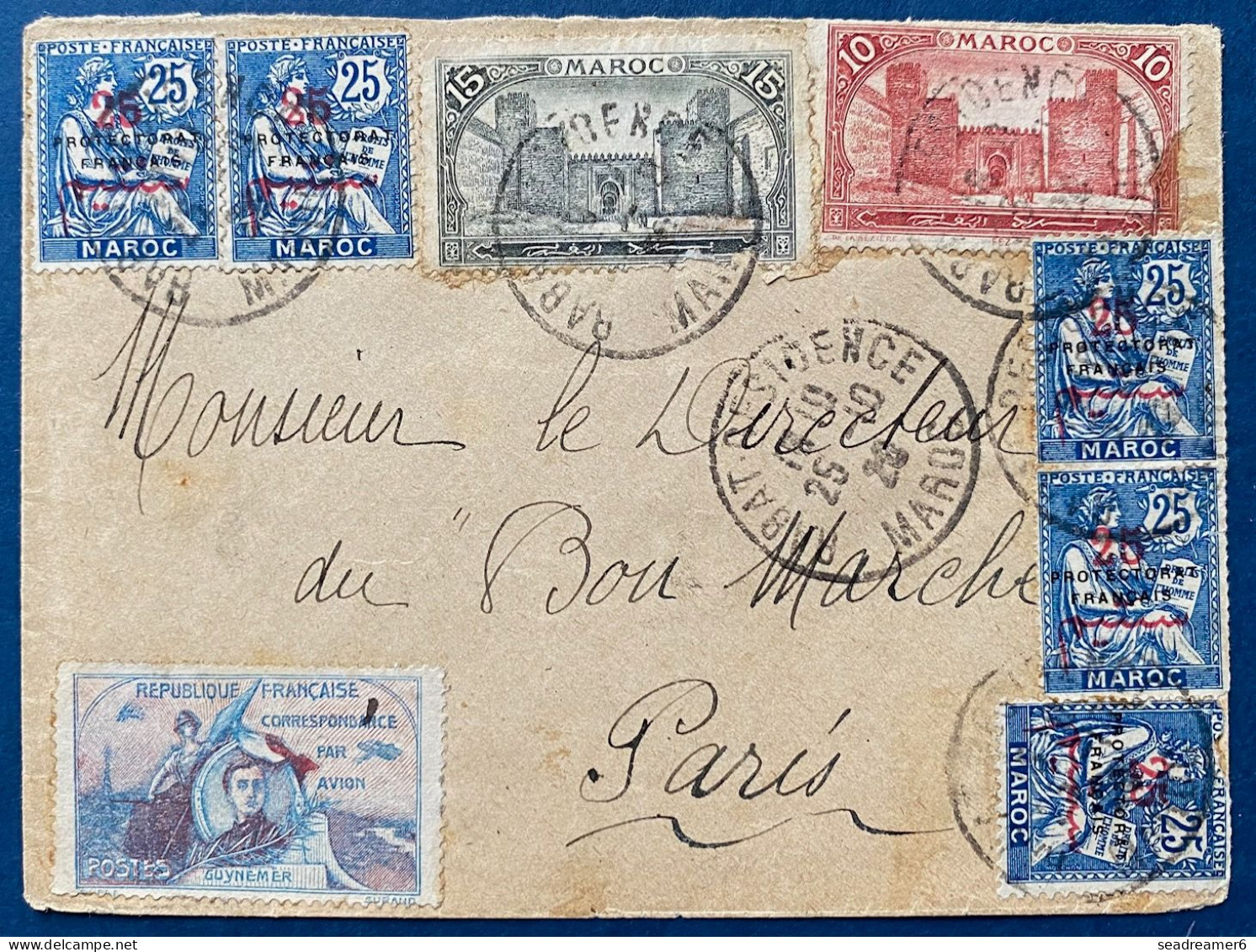 Maroc Lettre 1920 Poste Aerienne N°44 X5, 67 & 68 Oblitérés " RABAT RESIDENCE " + Vignette Guynemer Pour PARIS TTB - Airmail