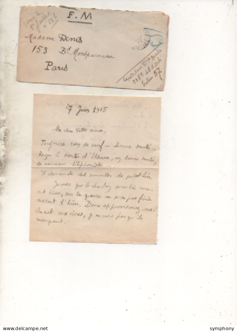 Enveloppe F.M. -  Du Secteur 57 à Paris -  1915  -  Correspondance - - Posta Aerea Militare