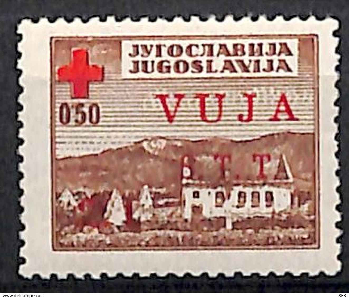 1948 VUJA 2/0.5 Din Red Cross, "red House" With Red Overprint, Sassone 12.500 € , MNH CERTIFIED TRIESTE B - Taxe