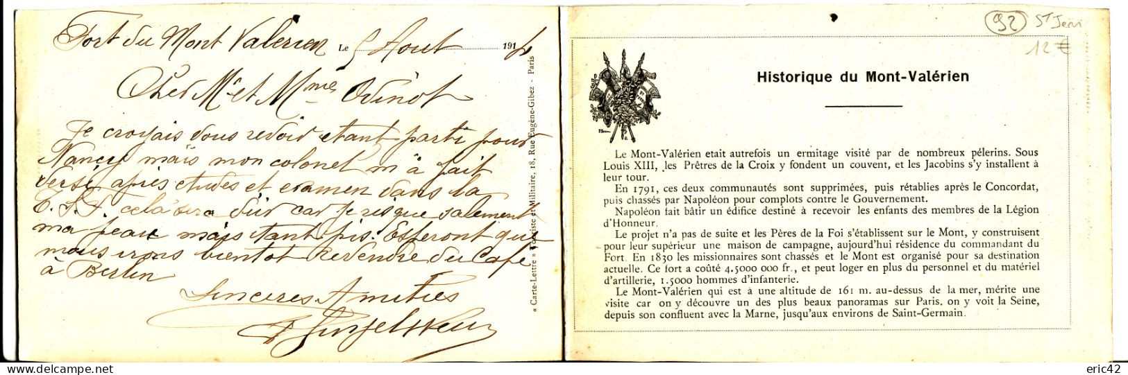 92 FORT DU MONT VALERIEN **8-ème Régiment Du Génie** Carte-Lettre Militaire (2 Scans) - Mont Valerien