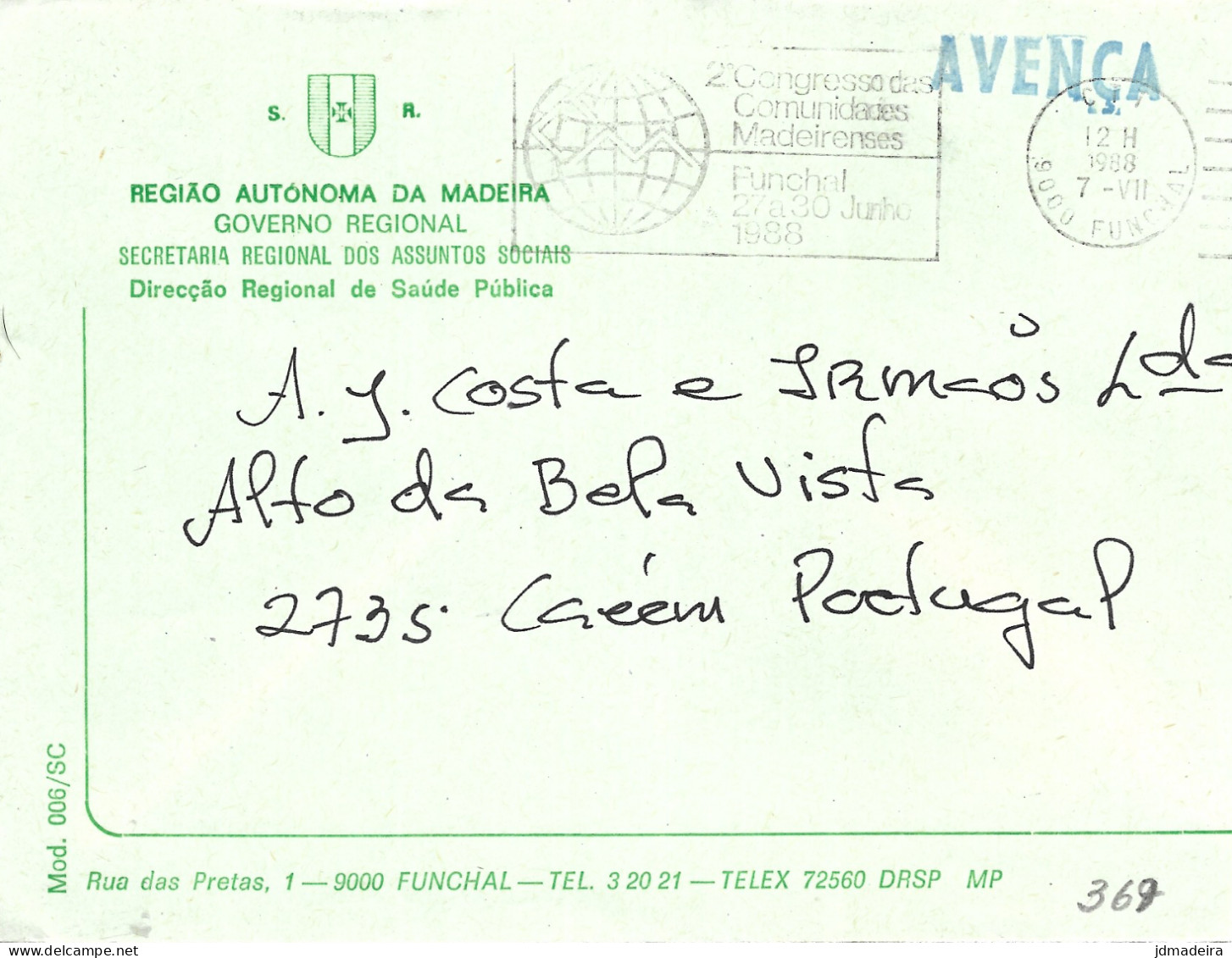 Portugal Madeira Government Official Cover 2º CONGRESSO COMUNIDADES MADEIRENSES Slogan Cancel - Briefe U. Dokumente